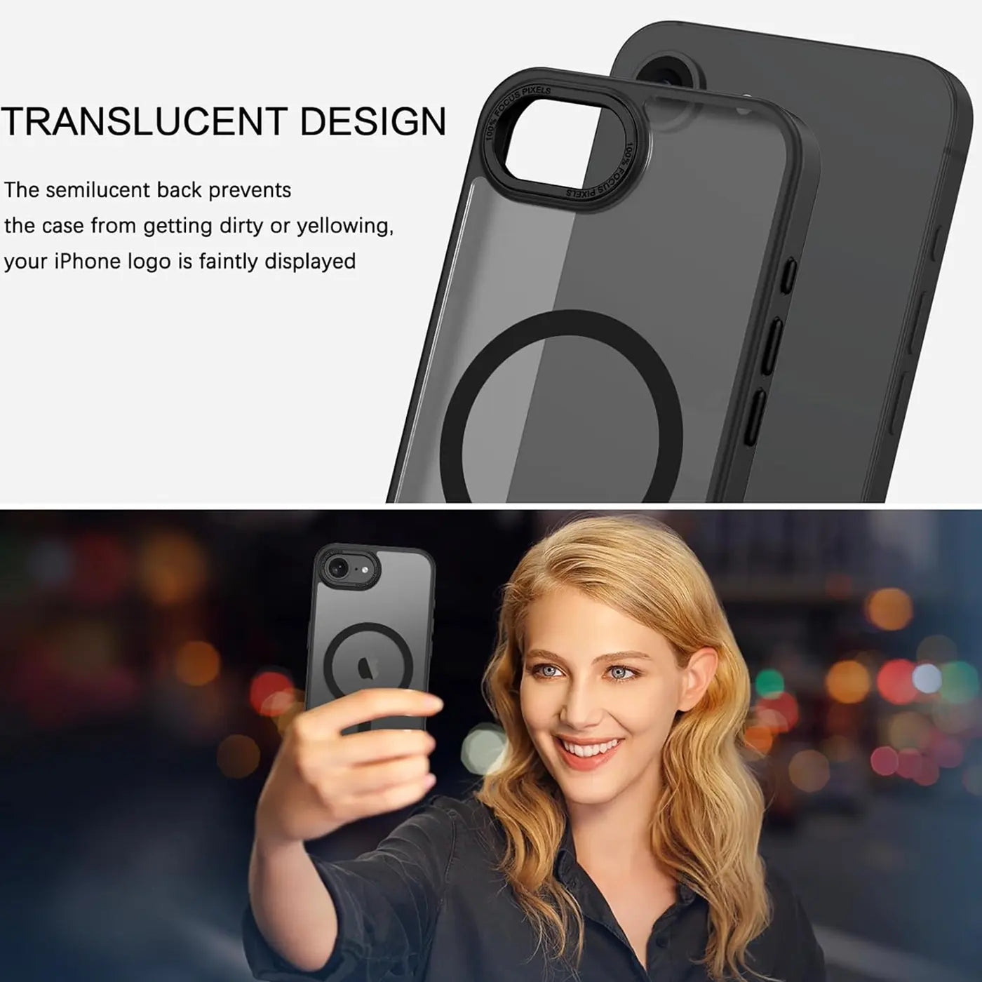 Matt transparente MagSafe Hülle für iPhone, von vorne und von der Seite gezeigt.