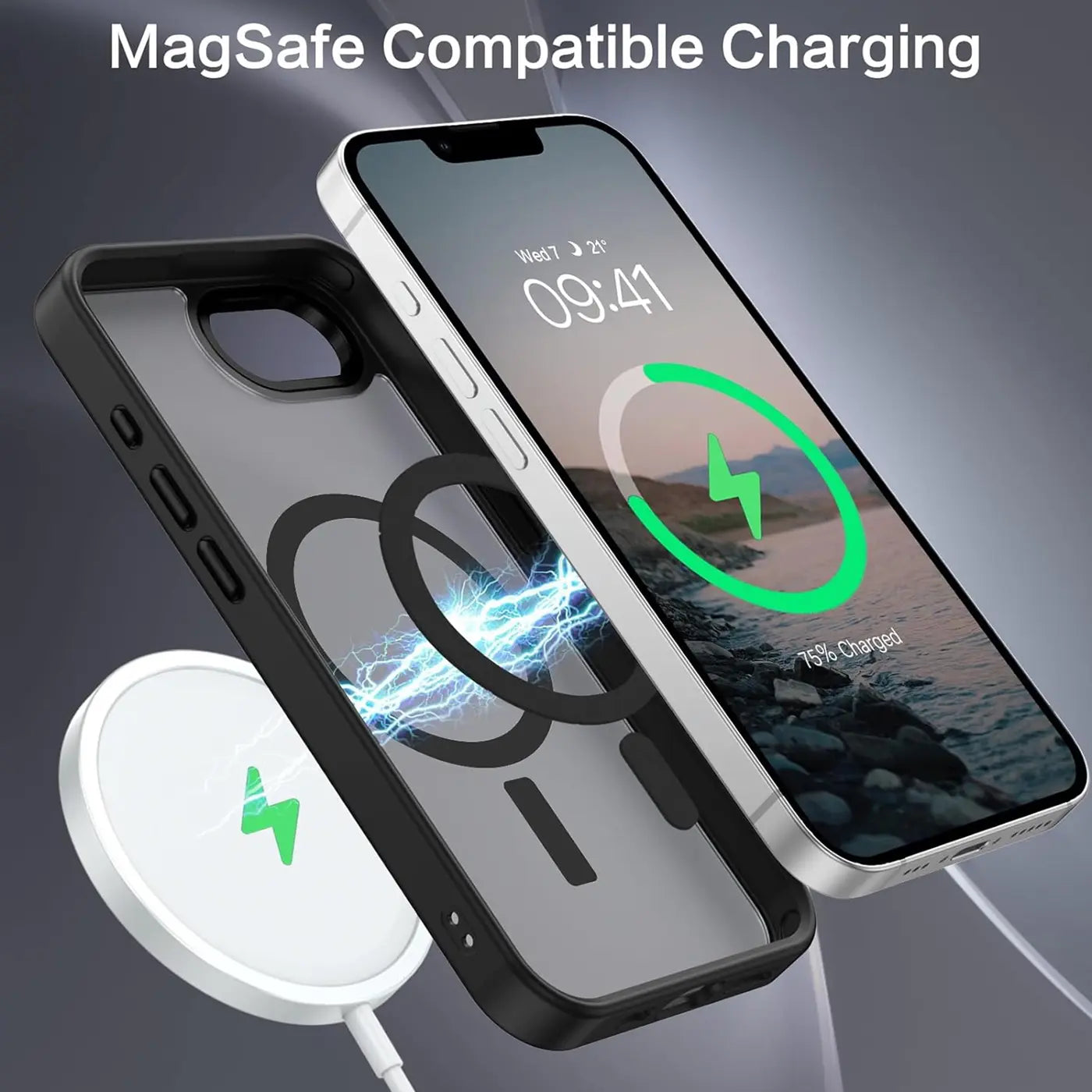 Matt transparente Hülle mit MagSafe-Ring, iPhone 16e, Nahaufnahme, von vorne