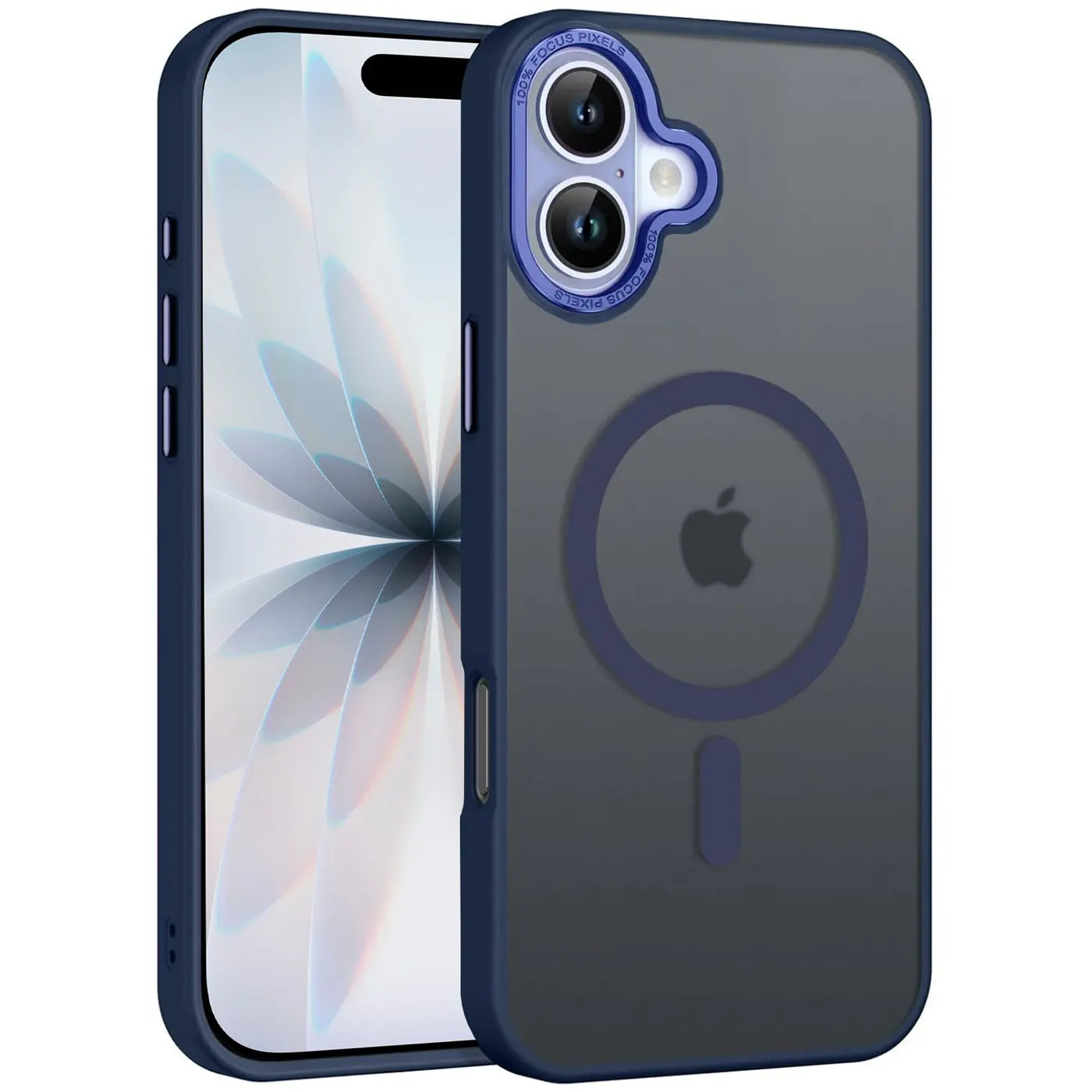 Dunkelblaue MagSafe Hülle, matt transparent, mit Apple Logo, iPhone 17, von vorn