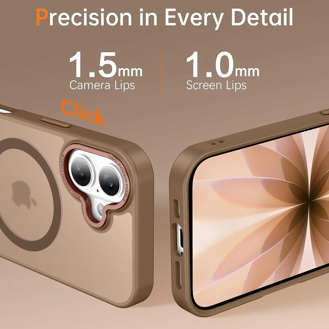 Matt transparente Hülle mit MagSafe-Ring für iPhone 17, Braun, von vorne links und rechts.