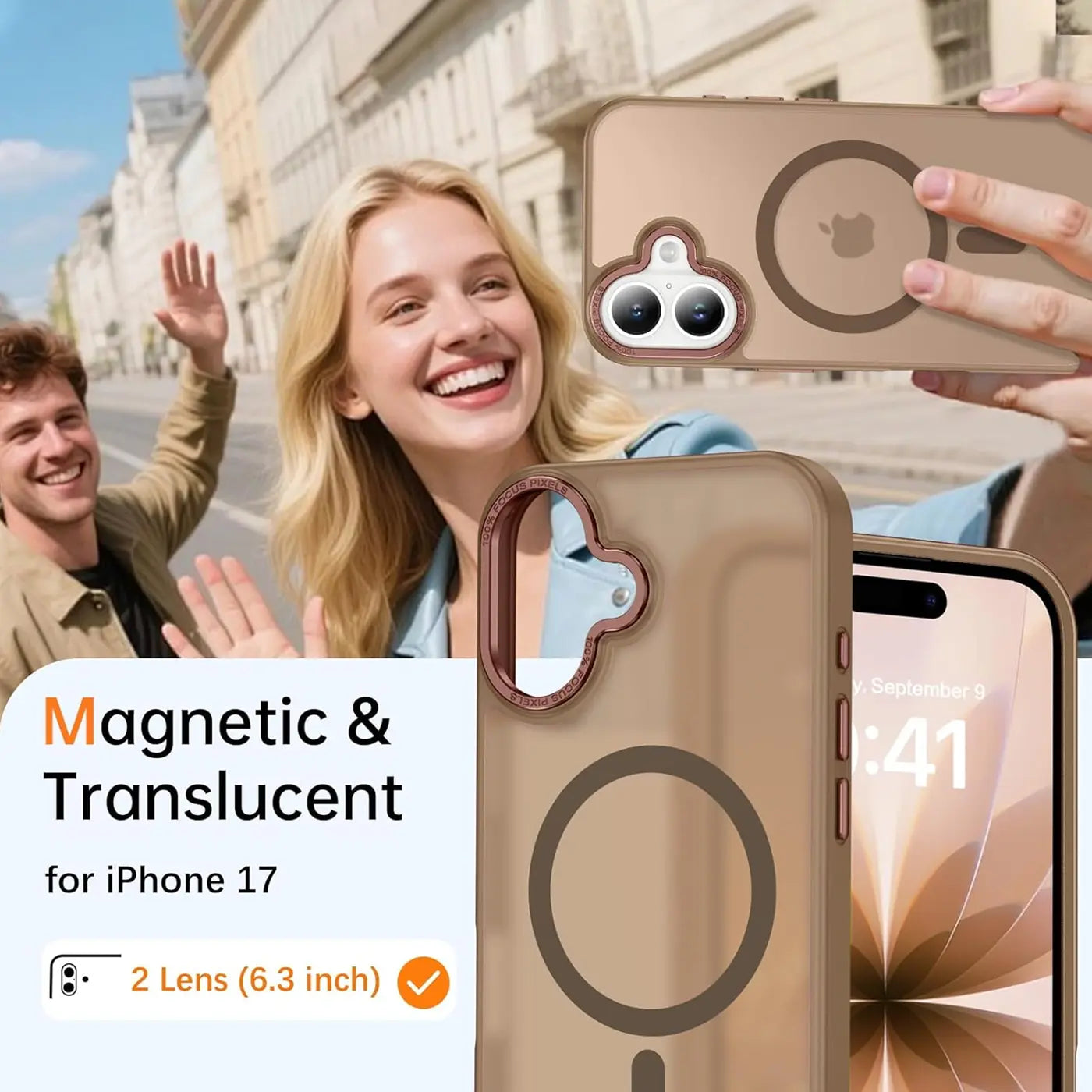 Matt transparente MagSafe Hülle für iPhone 17, Nahaufnahme, Rückseite mit Kameraaussparung