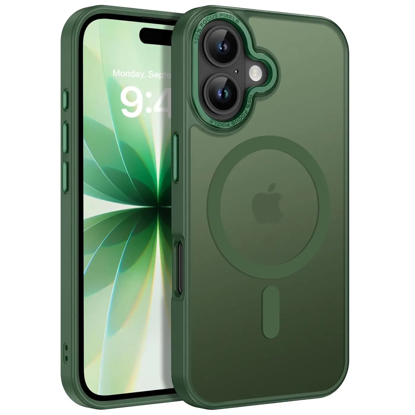 Dunkelgrüne matte transparente MagSafe Hülle für iPhone 17, Rückansicht.