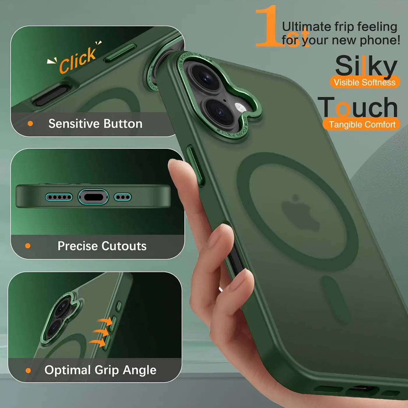 Dunkelgrüne, matte, transparente MagSafe-Hülle für iPhone, von vorne rechts gezeigt.