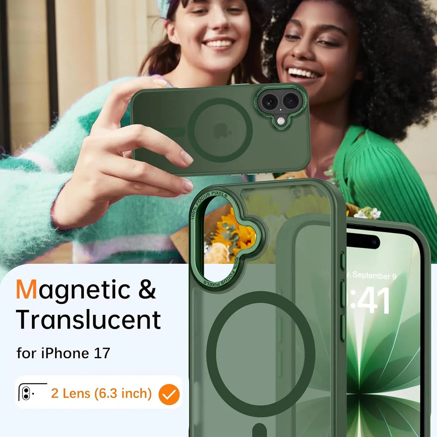 Dunkelgrüne, matte, transparente MagSafe-Hülle für iPhone 17, Nahaufnahme