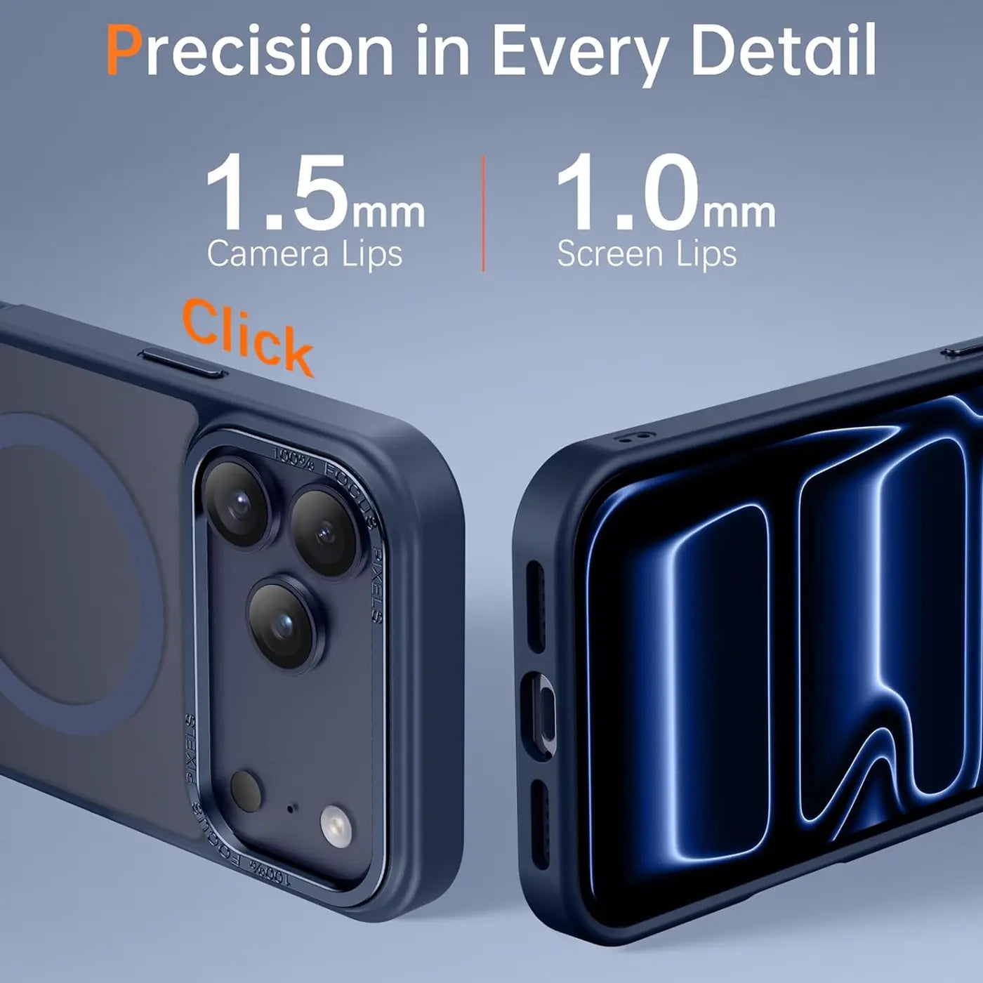 Dunkelblaue MagSafe Hülle, matt transparent, zeigt iPhone 17 Pro Rückseite und Display.