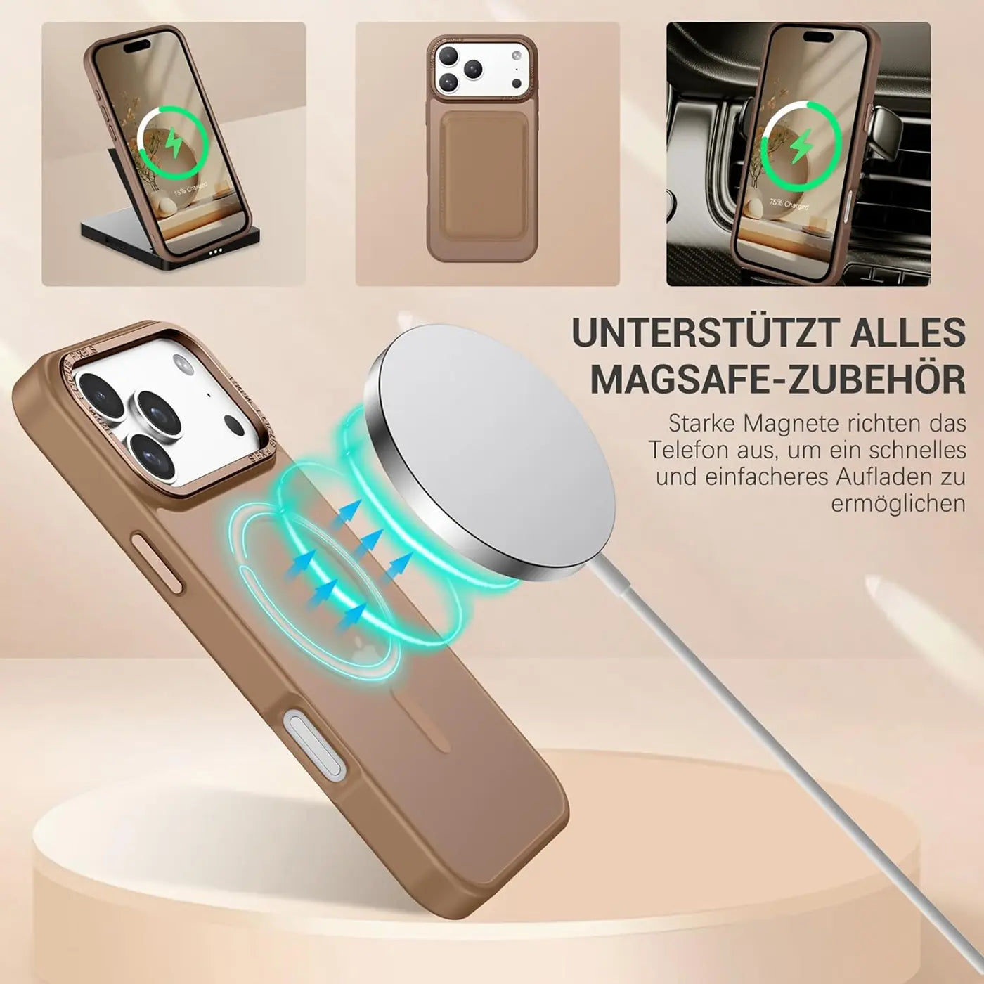 Braune MagSafe Hülle aus matt transparentem Material, iPhone 17 Pro, Nahaufnahme.