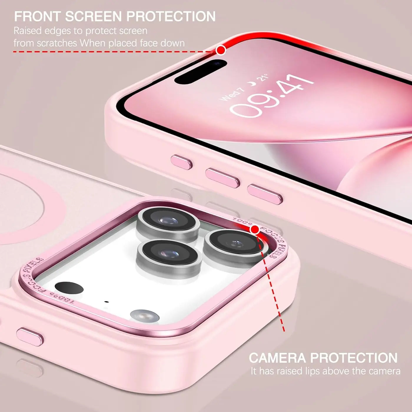 Rosa MagSafe Hülle, matt transparent, aus der Nähe, zeigt iPhone 17 Pro Max Kameras.