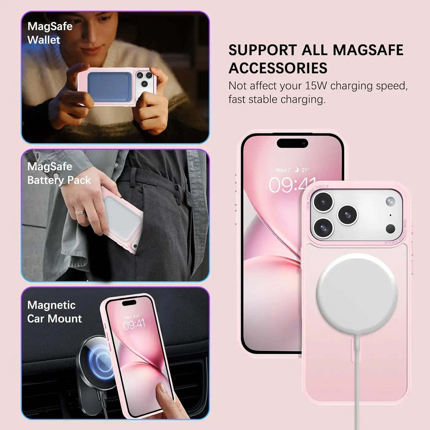 Rosa MagSafe Hülle mit weißem Ladekreis, iPhone 15 Pro, Vorderansicht
