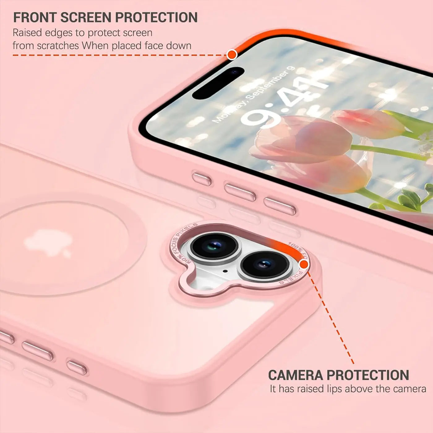 Rosa MagSafe Hülle, matt transparent, von oben, zeigt iPhone-Kameras.