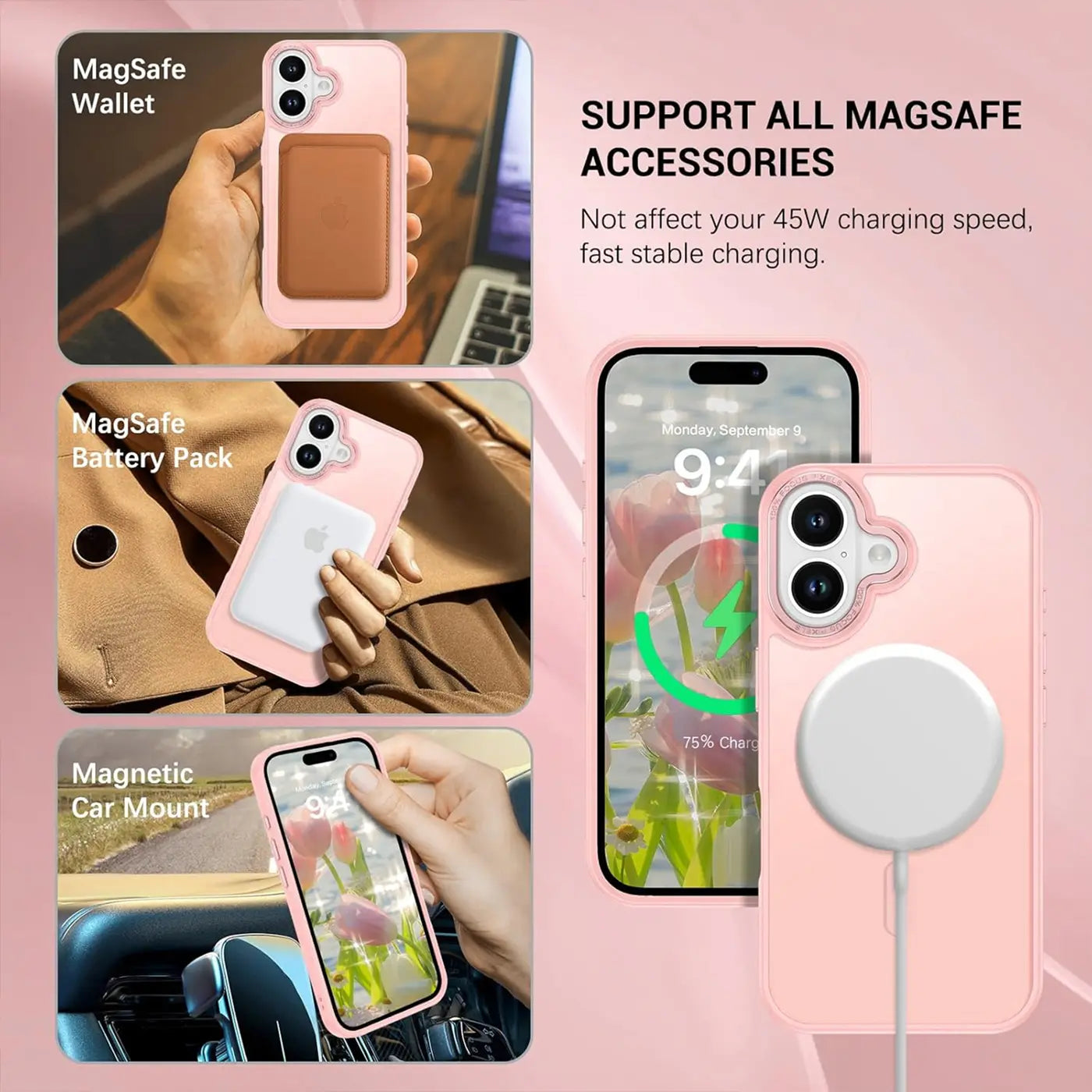 Matt transparente Hülle, rosa, mit MagSafe-Ladegerät, iPhone 14/15/16/17.