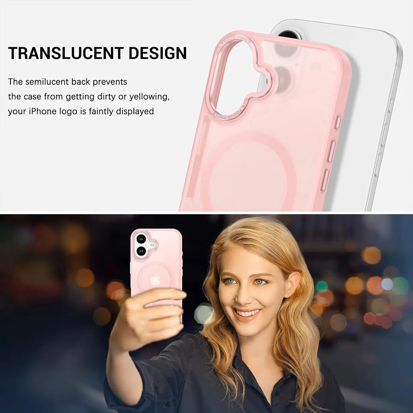 Rosa MagSafe Hülle, matt transparent, iPhone 17, Nahaufnahme