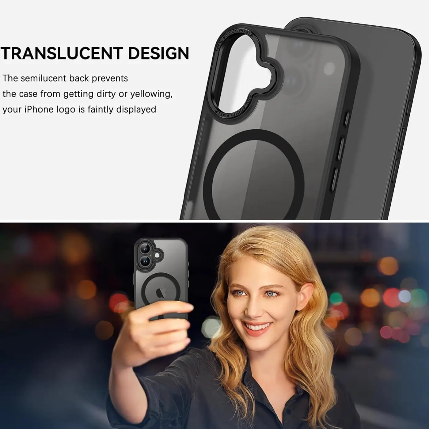 Matt transparente MagSafe Hülle für iPhone 17, Rückansicht, leicht erkennbares Logo.