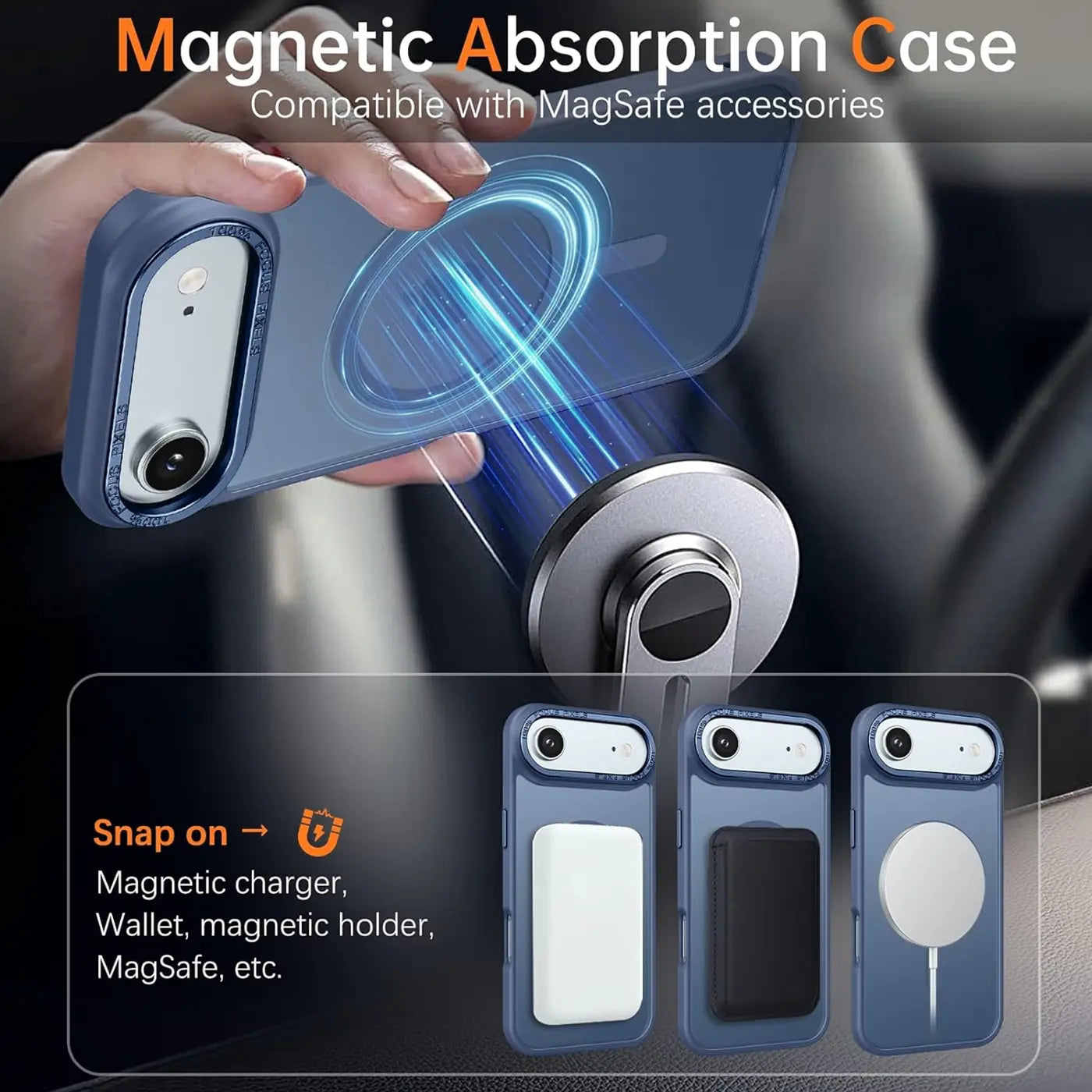 iPhone mit blauer MagSafe-Hülle wird magnetisch an Halterung befestigt. Drei Hüllen mit Zubehör.