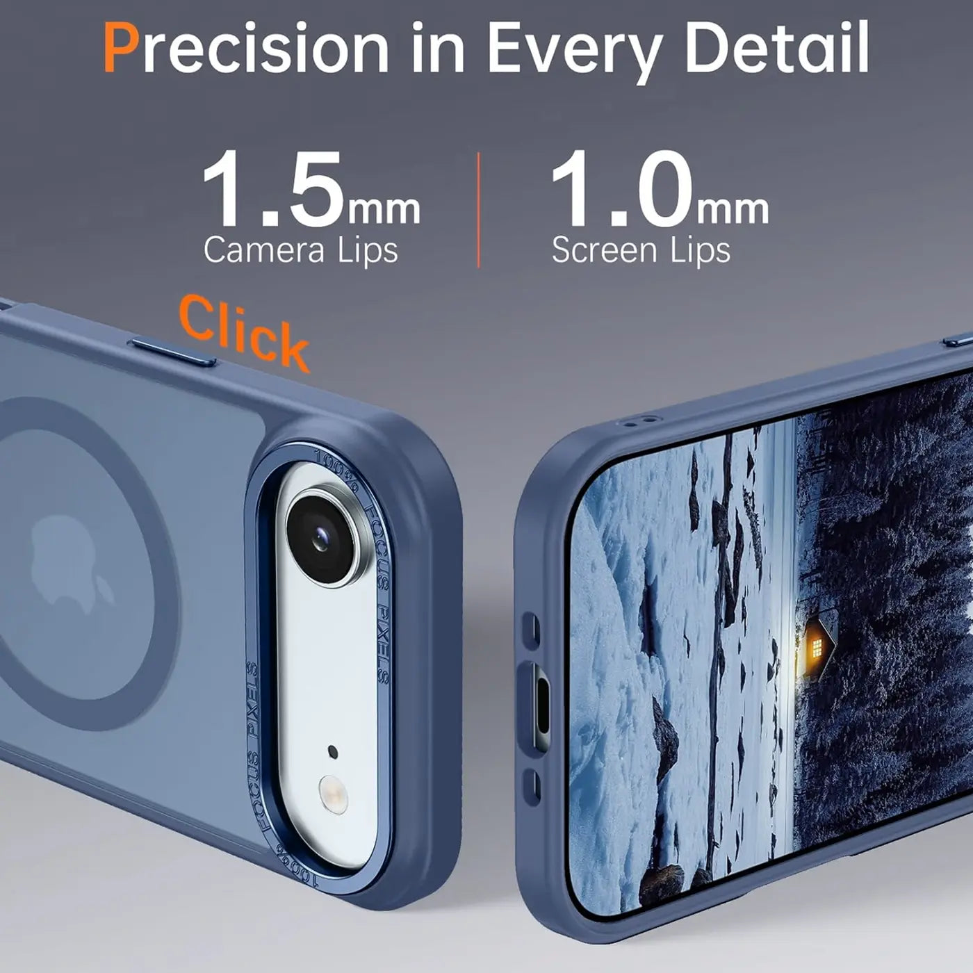 Blaue MagSafe Hülle, matt transparent, von vorne und hinten, zeigt iPhone mit Kamera und Bildschirm.