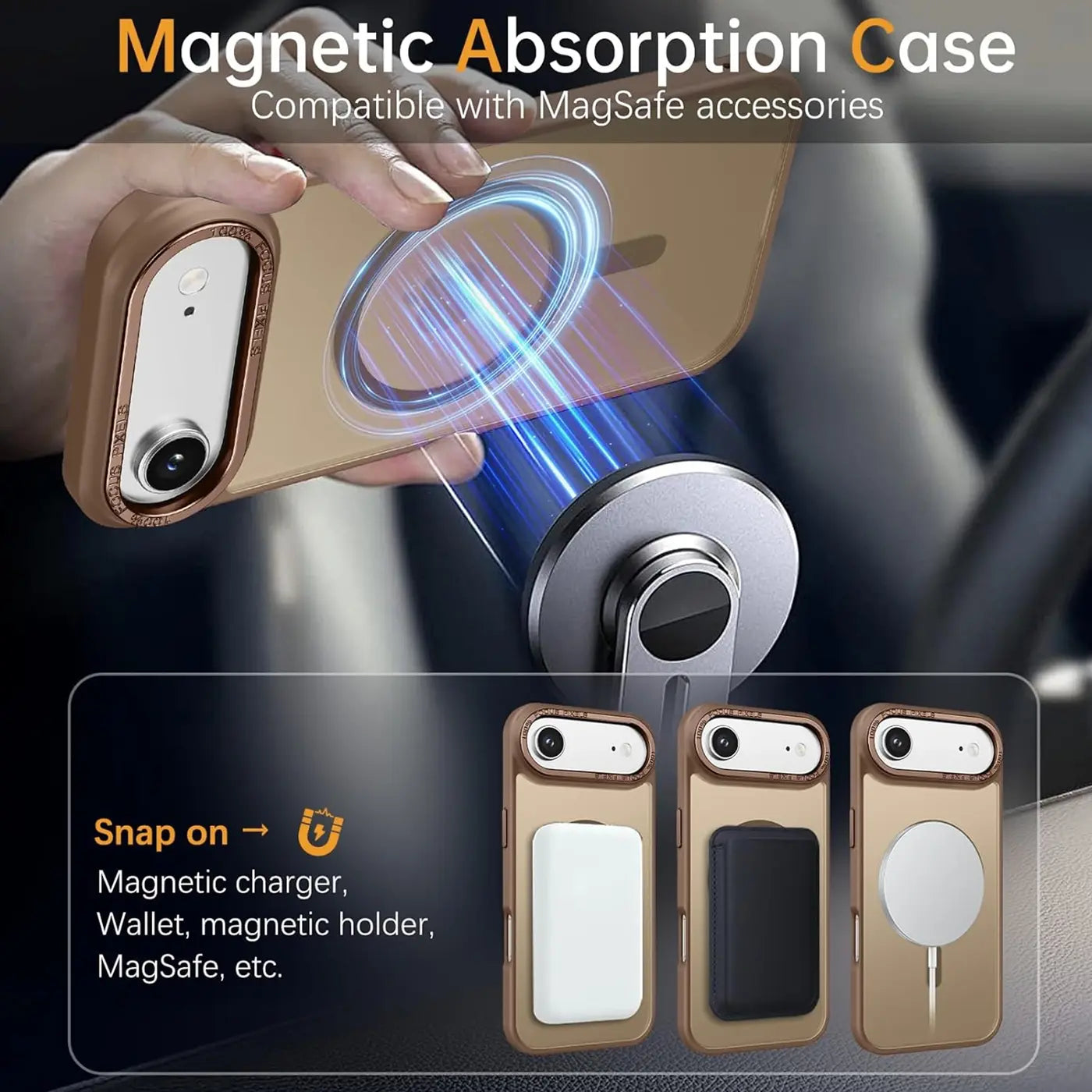 Transparente Hülle mit Holzoptik, iPhone wird magnetisch befestigt, drei Zubehörteile.