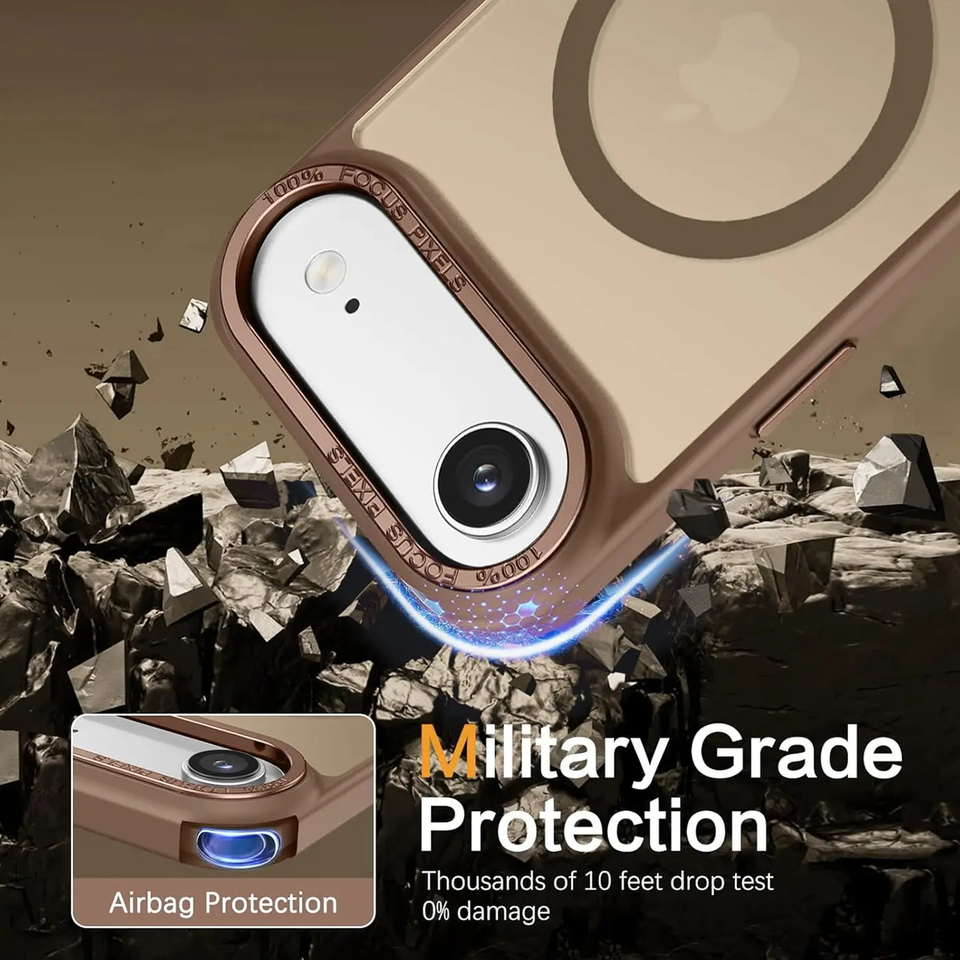Matt transparente Hülle mit MagSafe-Ring für iPhone, Nahaufnahme, bronzefarbener Rahmen.