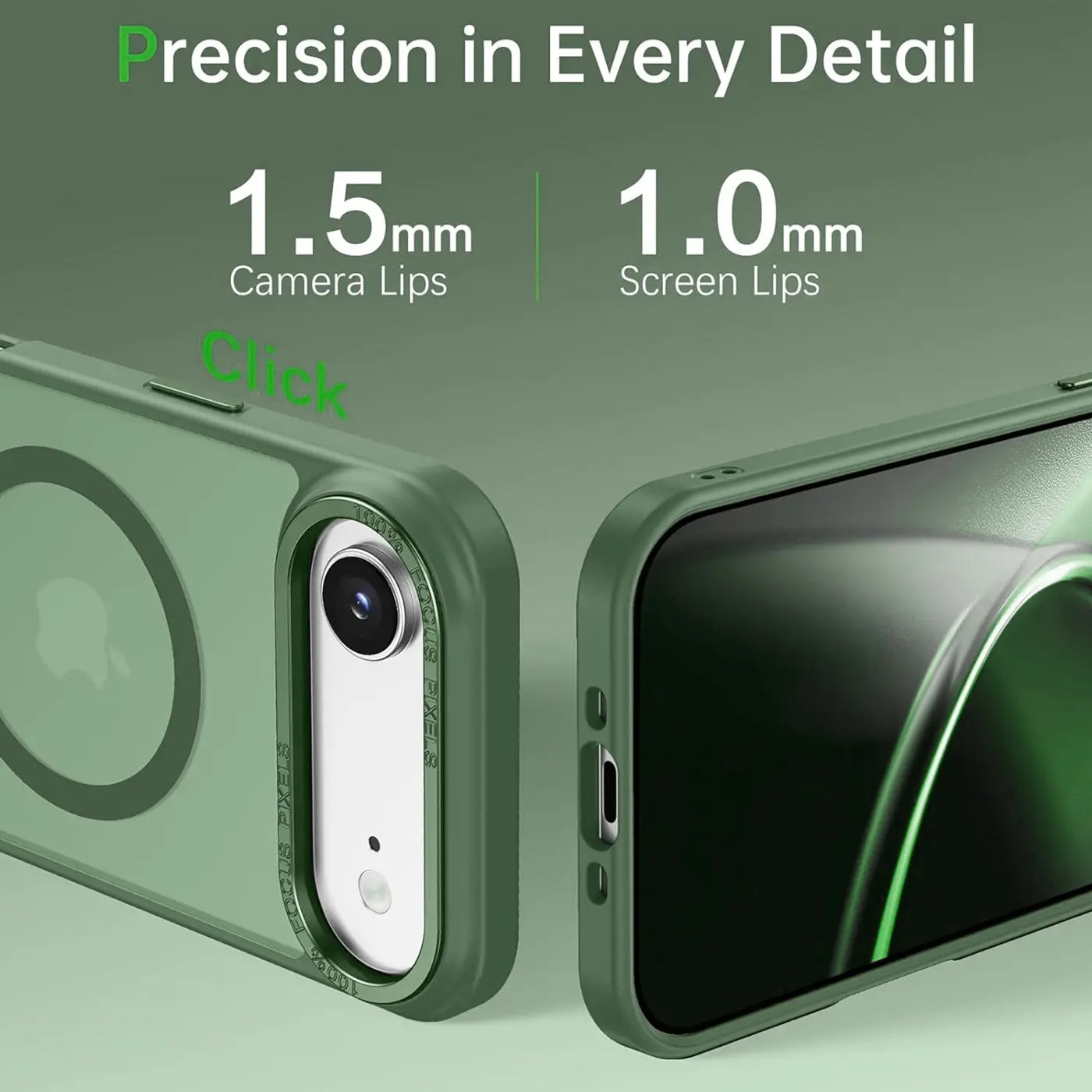 Grüne MagSafe Hülle, matt transparent, zeigt iPhone mit Kamera und Bildschirm.