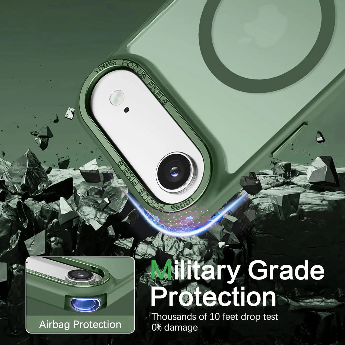 Grüne MagSafe Hülle, matt transparent, Nahaufnahme der Kamera, iPhone im Hintergrund