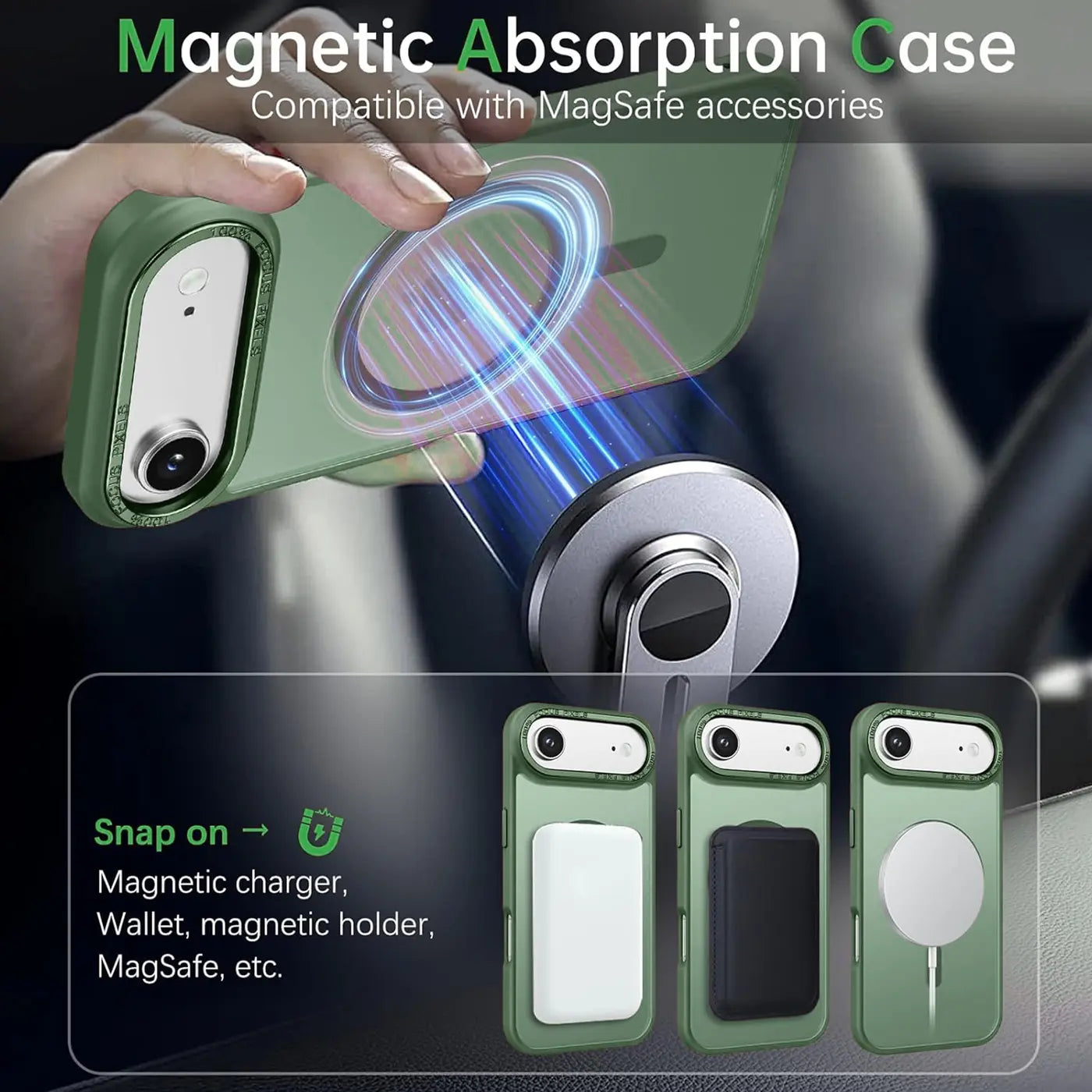 Grüne MagSafe Hülle, matt transparent, iPhone, Nahaufnahme, Magnetische Anziehung