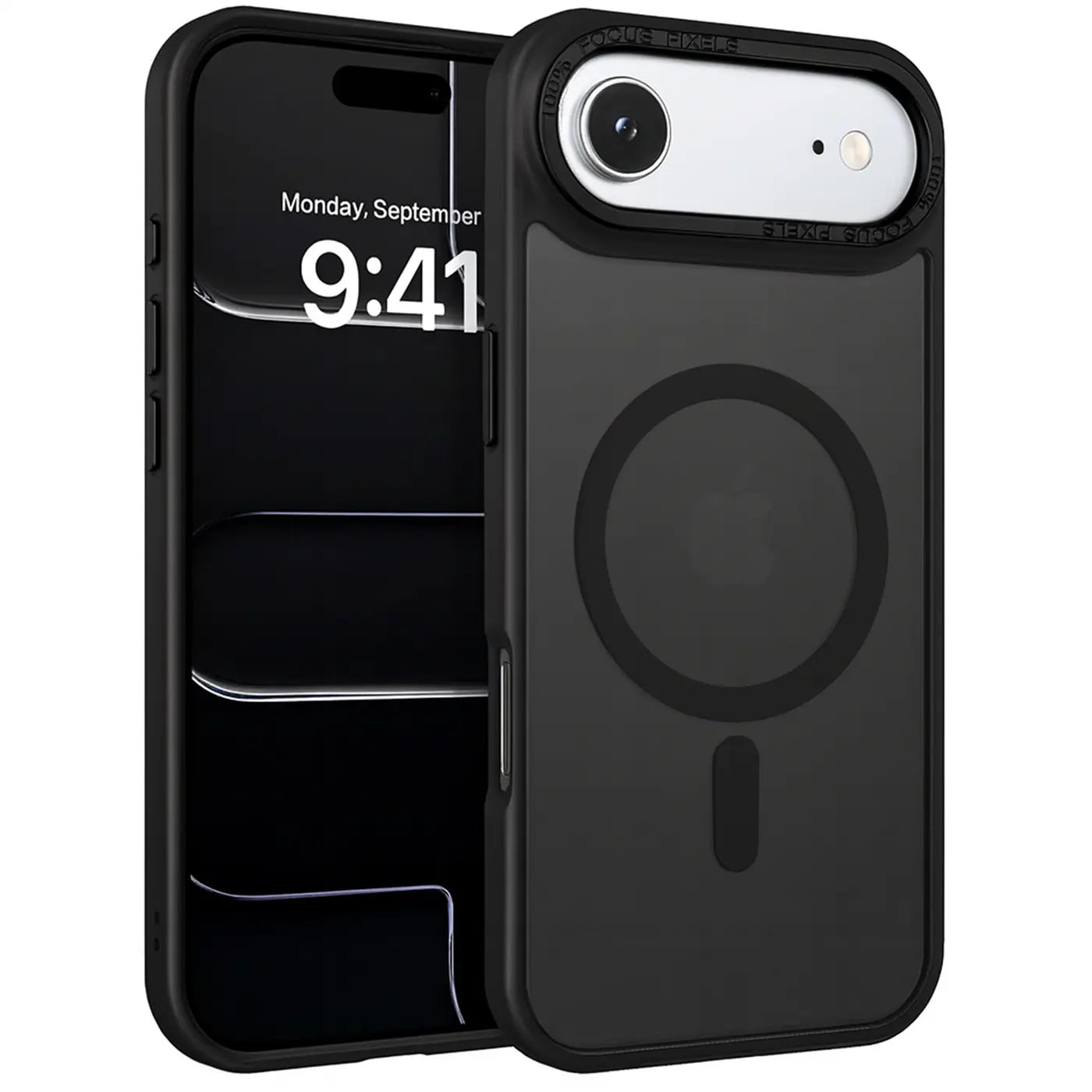 Schwarze, matte, transparente MagSafe-Hülle für iPhone, von vorne links, mit sichtbarem Gerät.