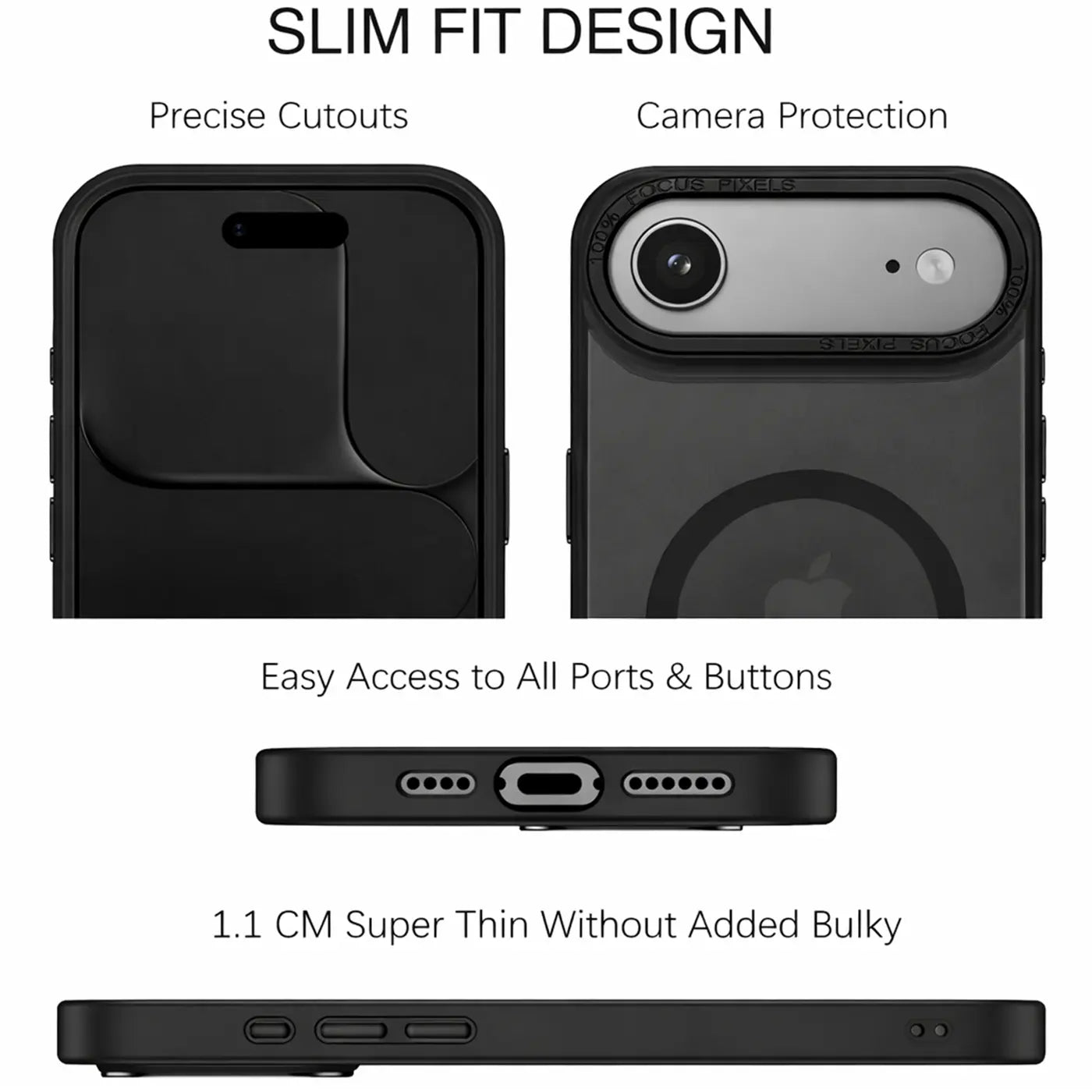 Schwarze, matte, transparente iPhone-Hülle mit MagSafe, Vorder- und Rückansicht.