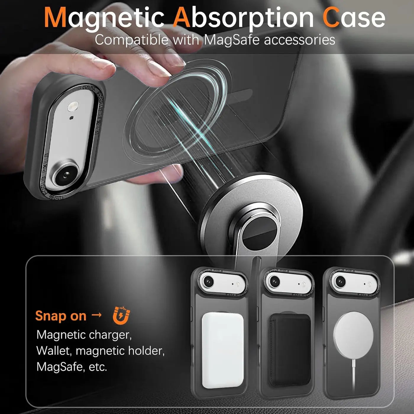 iPhone mit MagSafe Hülle, matt transparent, zeigt magnetische Anziehung zu Halterung.