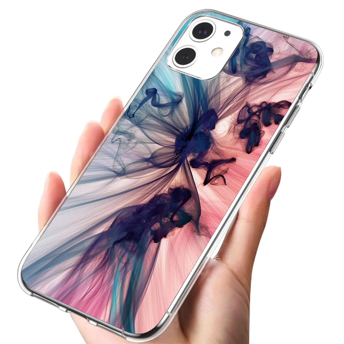 iPhone 11 TPU Hülle mit blau-pinkem Rauchmotiv, von schräg oben gehalten