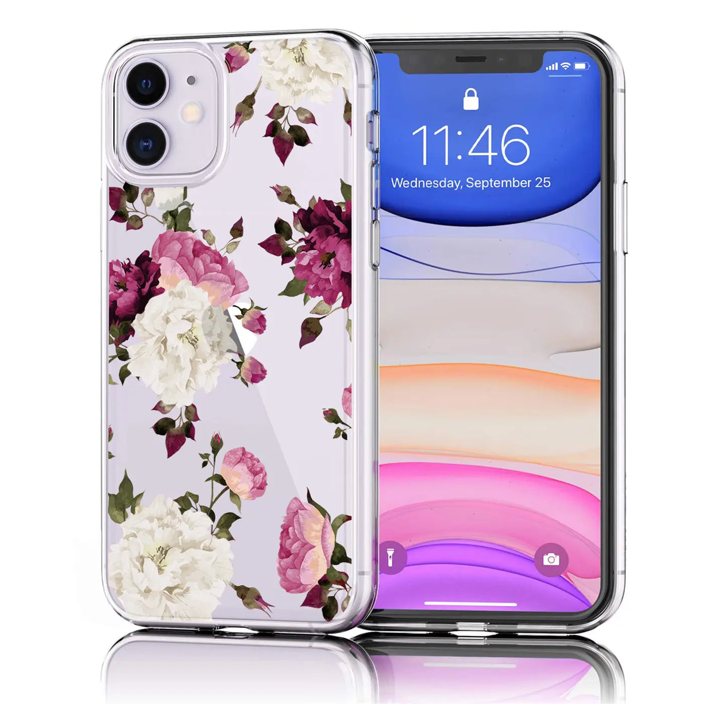 iPhone 11 Hülle aus transparentem TPU mit Blumenmuster, Vorderansicht.