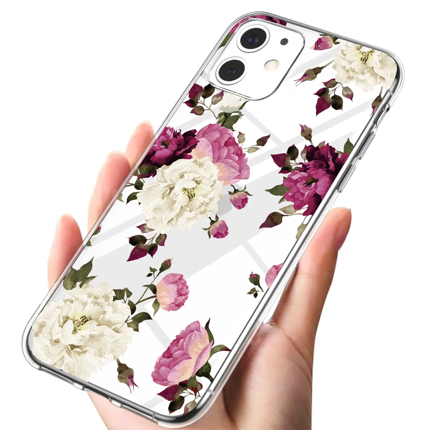 iPhone 11 TPU Hülle, transparent, mit Blumenmuster, von vorne schräg gehalten