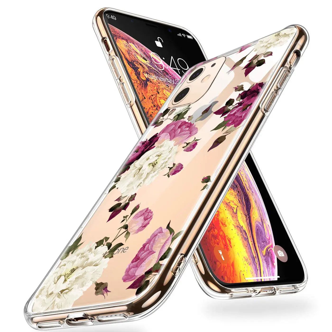 Transparente TPU-Hülle mit Blumenmuster für iPhone 11, von vorne schräg fotografiert.