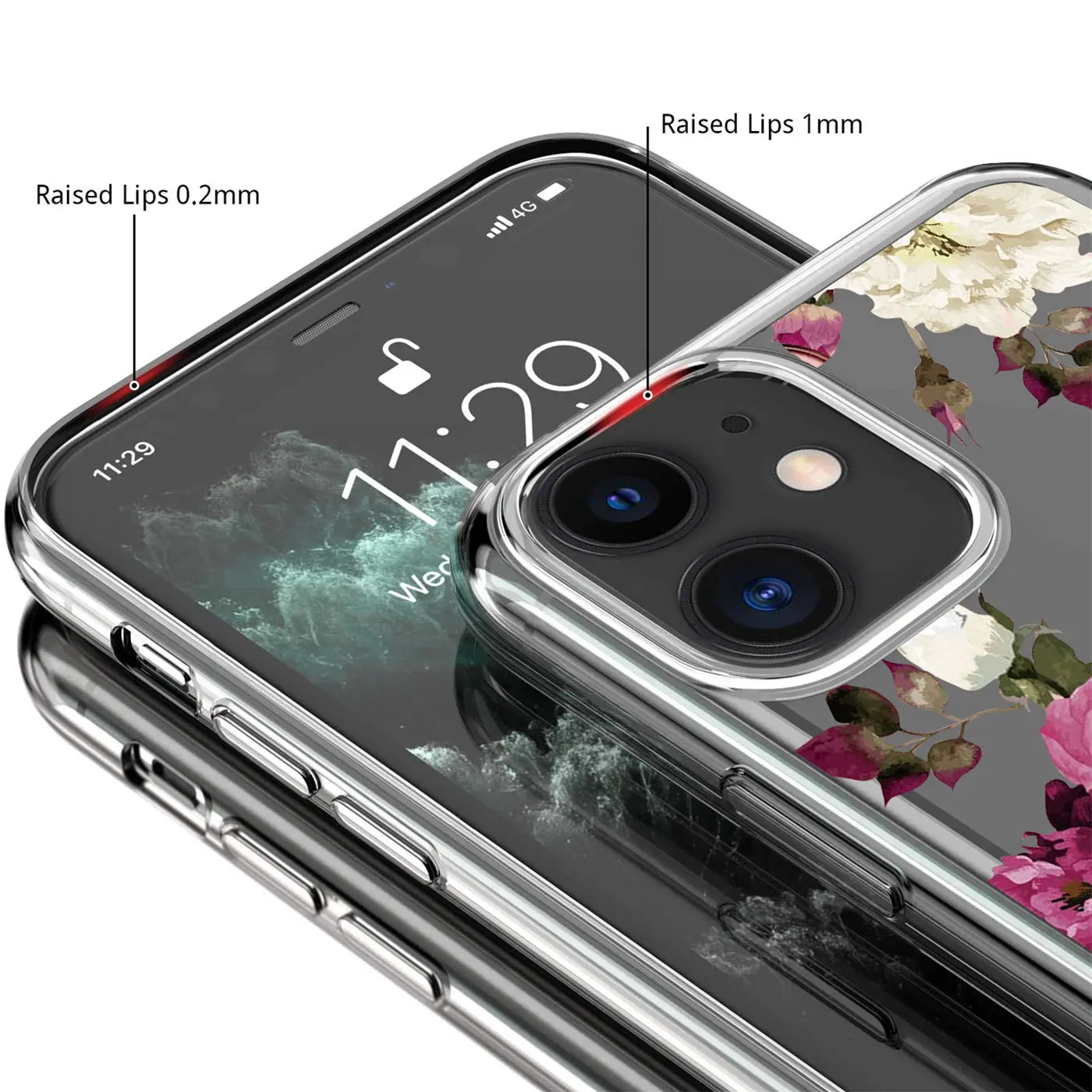 iPhone 11 mit transparenter TPU-Hülle, Blumenmotiv, Nahaufnahme, von oben rechts
