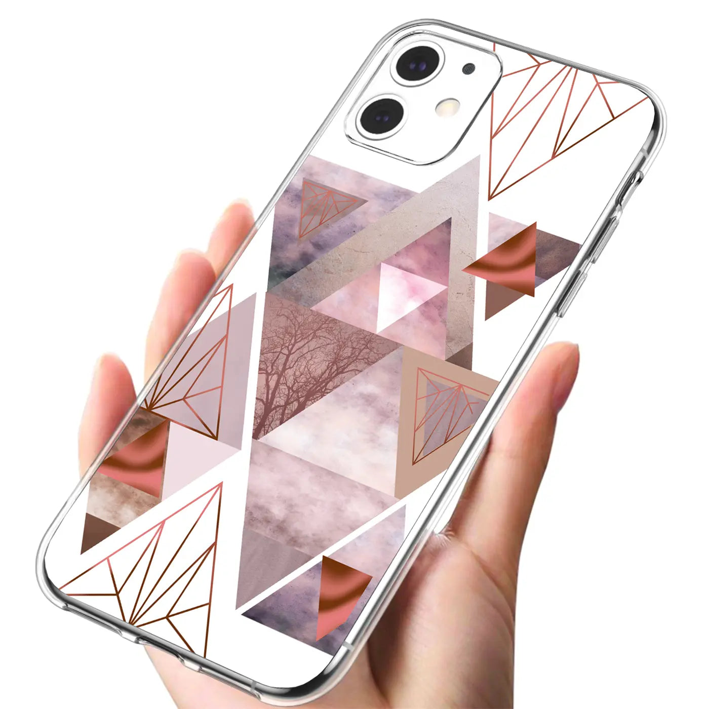 iPhone 11 Hülle aus transparentem TPU mit geometrischem Marmormuster, von vorne gehalten.
