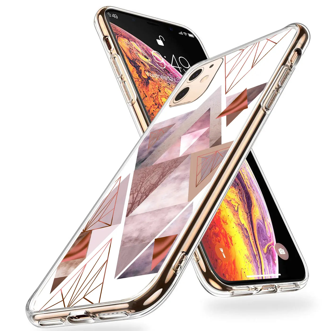 Zwei transparente TPU-Hüllen für iPhone 7/8/SE 2/SE 3 mit geometrischem Motiv in Roségold und Grau, schräg von oben.