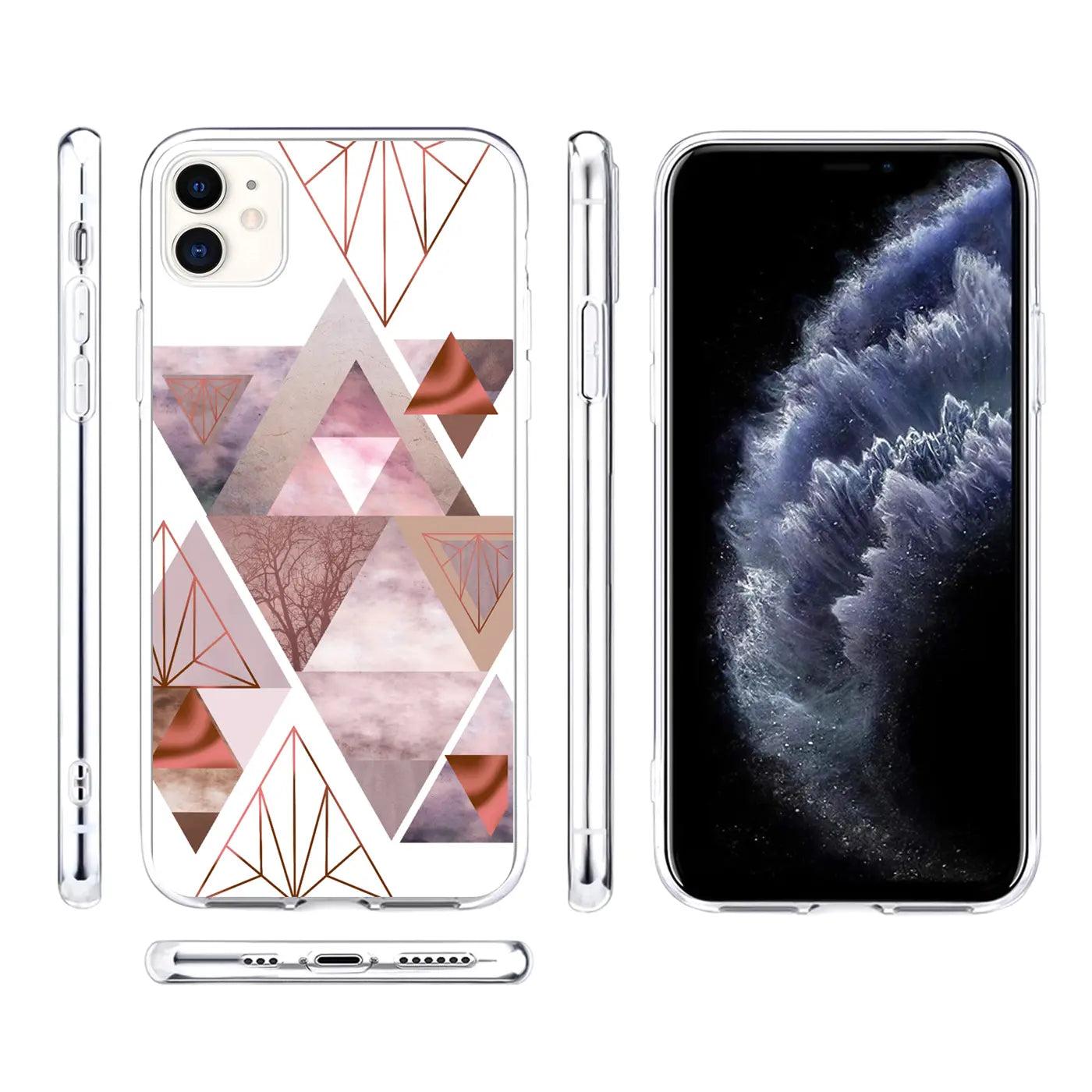Transparente TPU-Hülle für iPhone mit rosa-braunem Dreiecksmuster, von hinten, vorne, oben und den Seiten gezeigt.