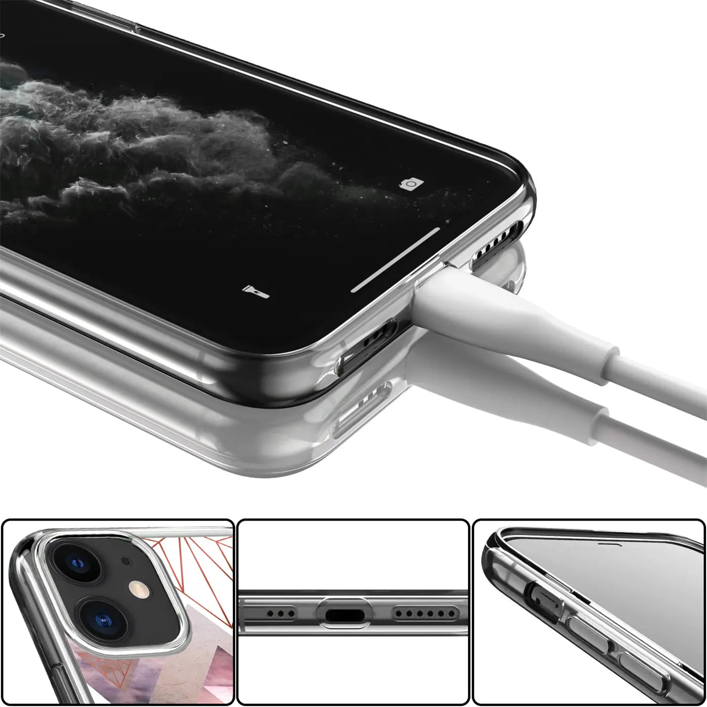 Transparentes TPU-Case für iPhone 7/8/SE 2/SE 3 mit Motivdruck, von oben rechts, Ladekabel eingesteckt.