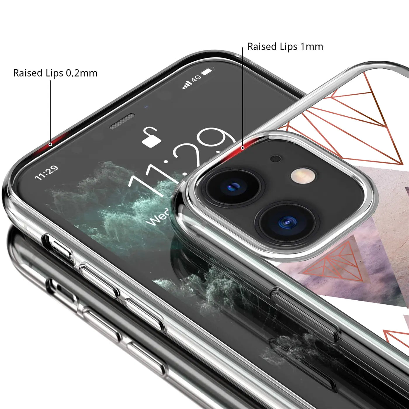 Transparentes TPU-Case mit geometrischem Motiv auf einem iPhone 11 Pro, schräg von oben. Erhöhte Ränder an Display und.
