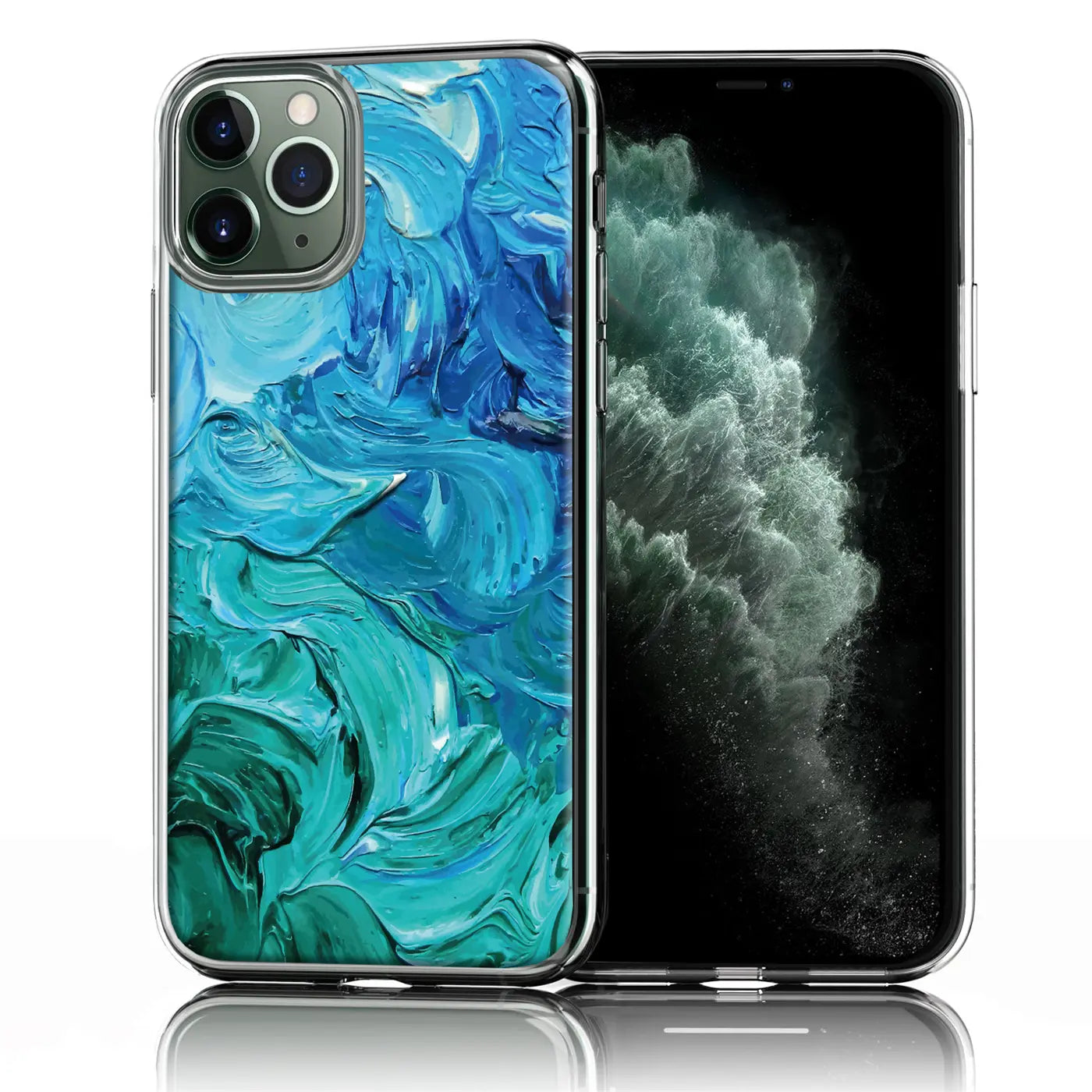 iPhone 11 Pro Max in transparenter TPU-Hülle mit blau-türkisem, abstraktem Motivdruck, schräg von vorne.