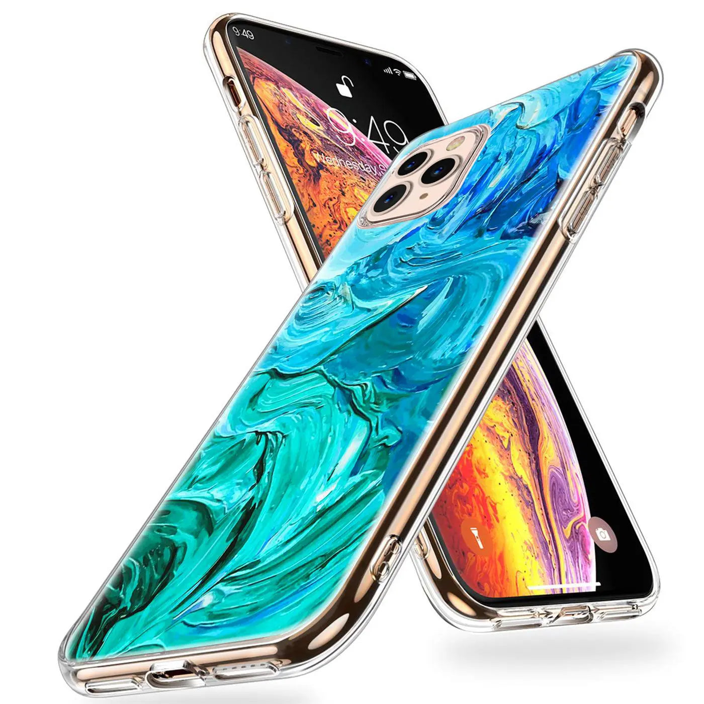 Zwei iPhone 11 Pro Max in transparenten TPU-Hüllen mit blau-grünem Wirbelmuster, diagonal von oben rechts.