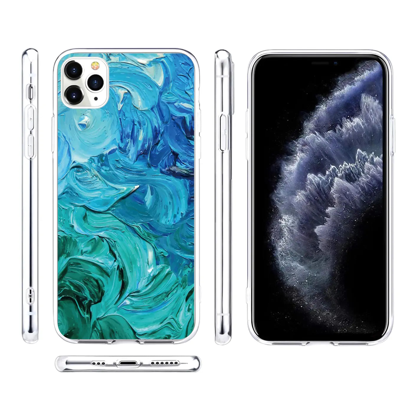iPhone 11 Pro Max TPU-Hülle mit blau-türkisem, gemaltem Motiv. Rückseite, Vorderseite, Seitenansichten und Unterseite.