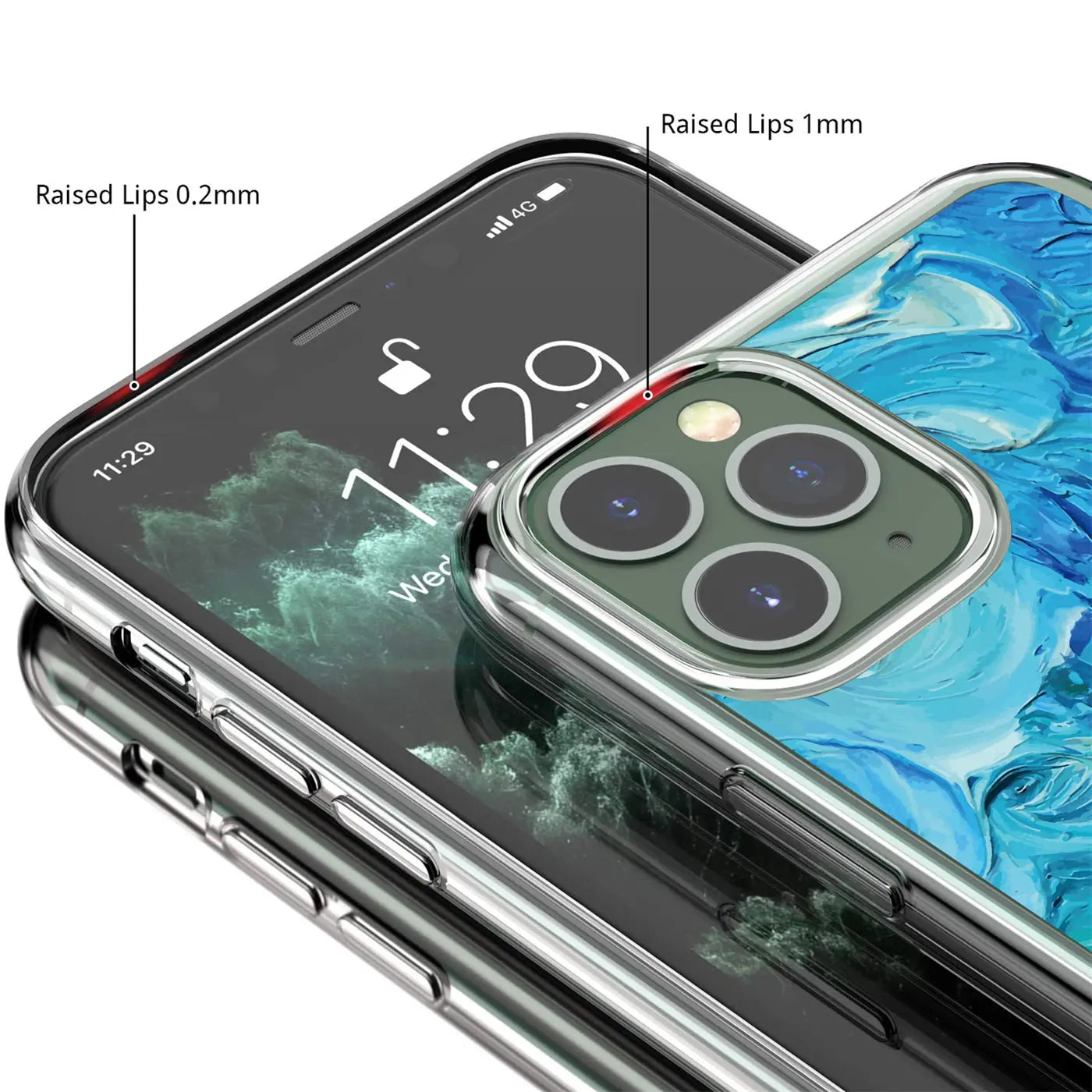 iPhone 11 Pro Max in transparenter TPU-Hülle mit blauem Motivdruck, schräg von oben, Fokus auf Kanten und Kamera.