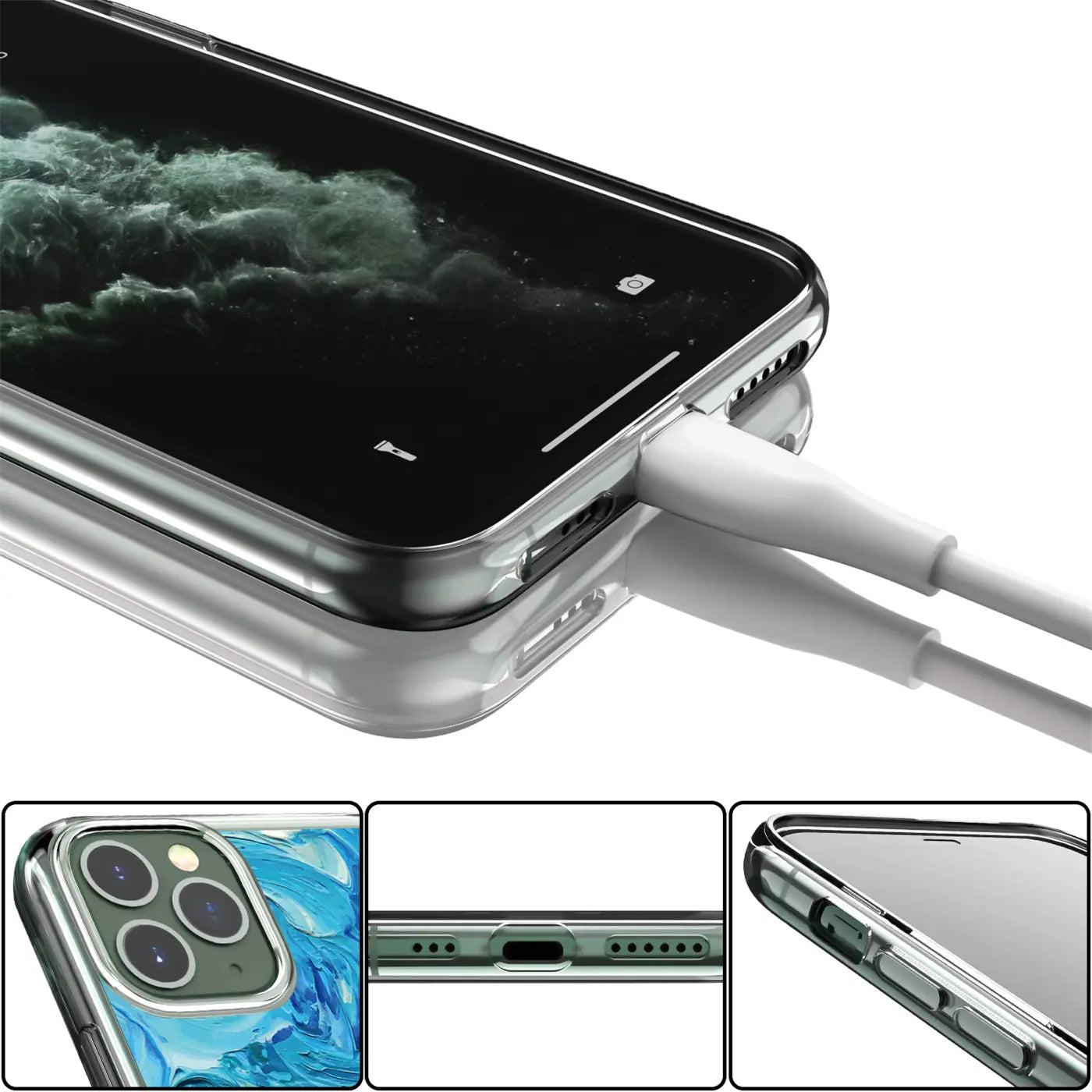 iPhone 11 Pro Max in transparenter TPU-Hülle mit blauem Motivdruck, von oben und unten, Ladekabel eingesteckt.