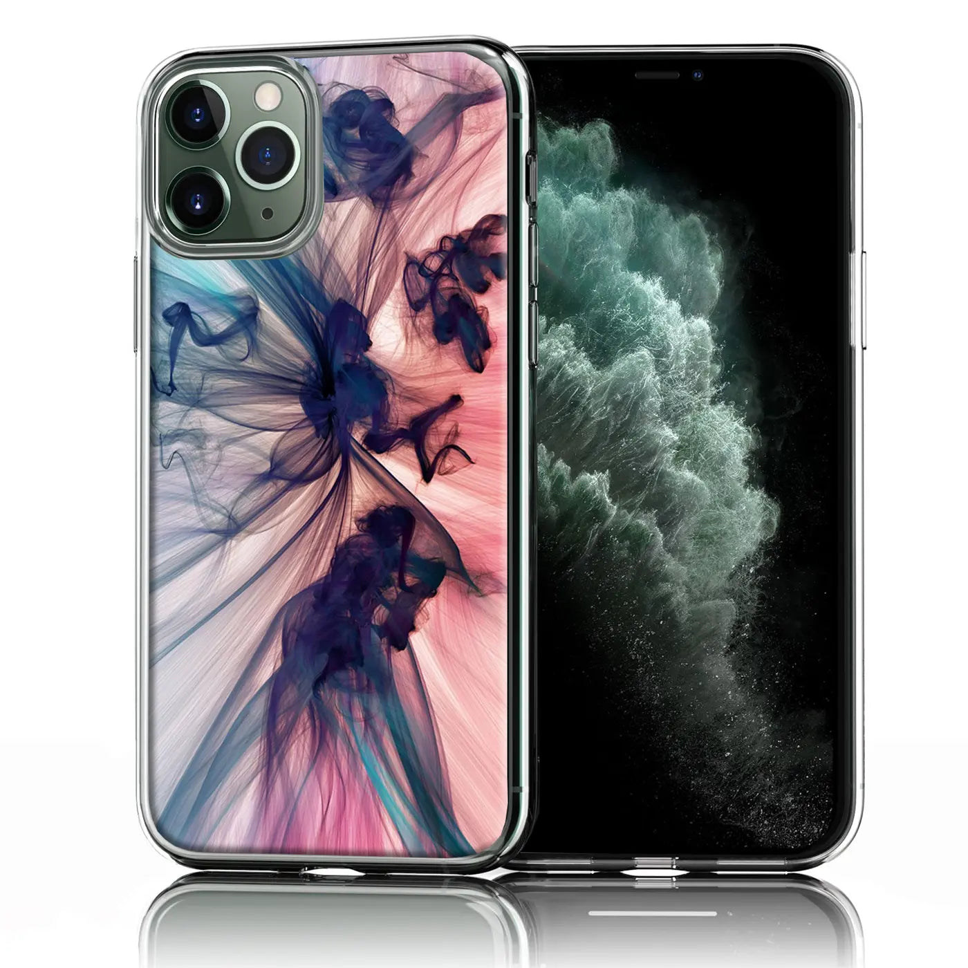 iPhone 11 Pro mit transparenter TPU-Hülle, Rückseite mit blau-pinkem Rauchmotiv, frontal leicht nach rechts gedreht.