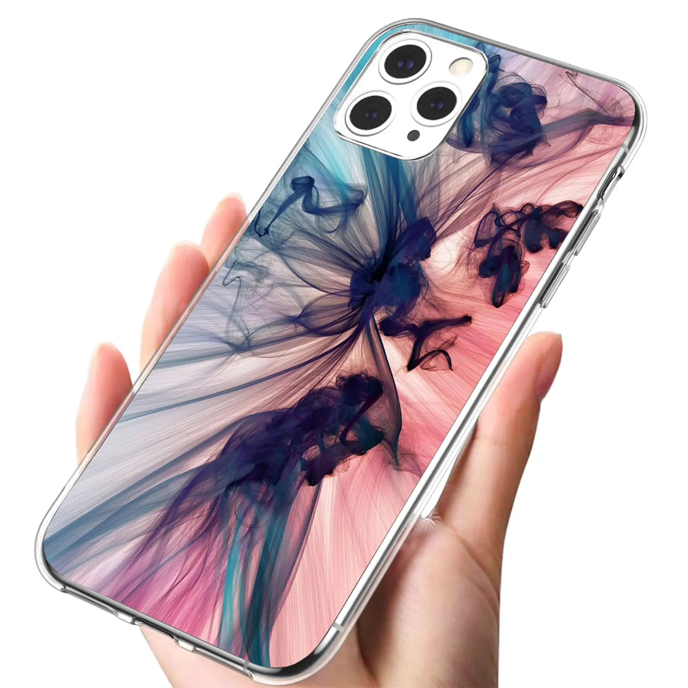 Hand hält transparentes TPU iPhone 11 Pro Max Case mit blau-pinkem Rauchmotiv, schräg von oben.