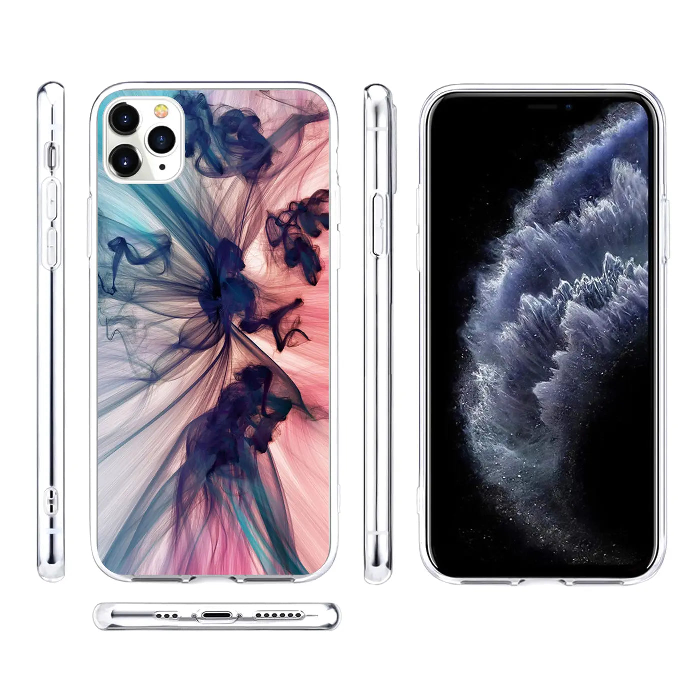 iPhone 11 Pro TPU Hülle mit blau-rosa Rauchmotiv, von allen Seiten und frontal mit Displayansicht.