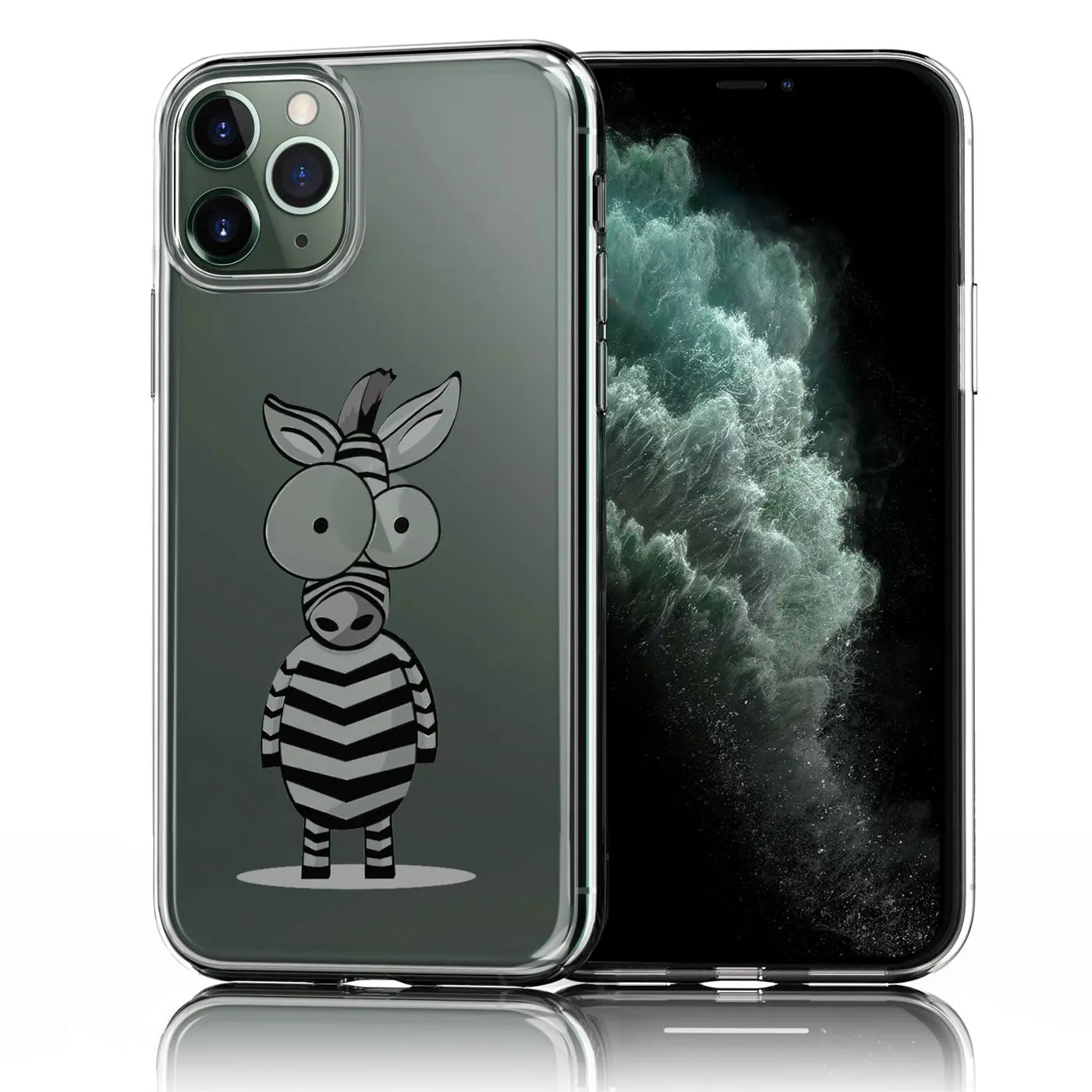 Transparentes TPU iPhone 11 Pro Case mit Zebrabild, Rückseite sichtbar, Vorderseite des Handys rechts daneben.