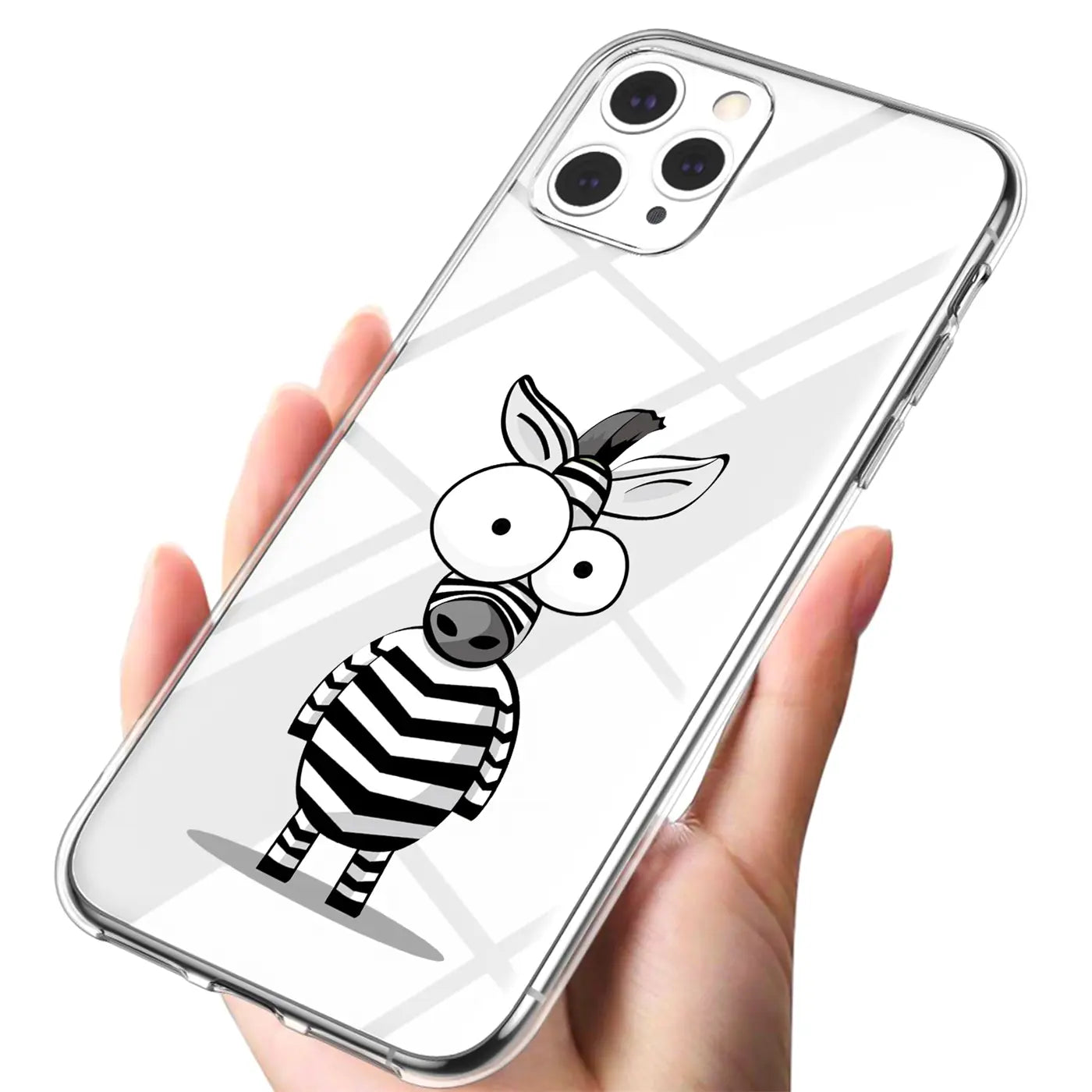 Transparente TPU-Hülle für iPhone 11 Pro Max, schräg gehalten, mit Zebrabild: schwarz-weiß gestreiftes Cartoon-Zebra.