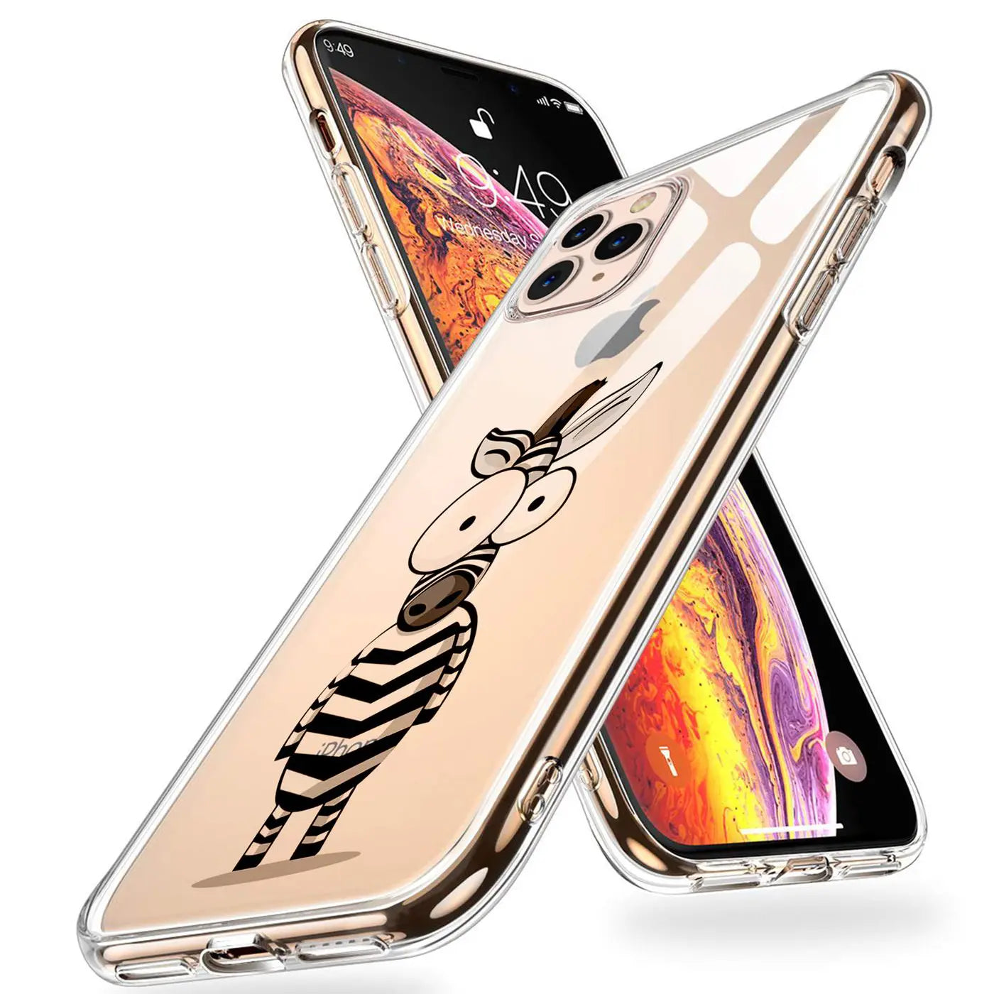 Transparente TPU-Hülle für iPhone 11 Pro mit Zebratiermotiv, schräg von oben, leicht glänzend.