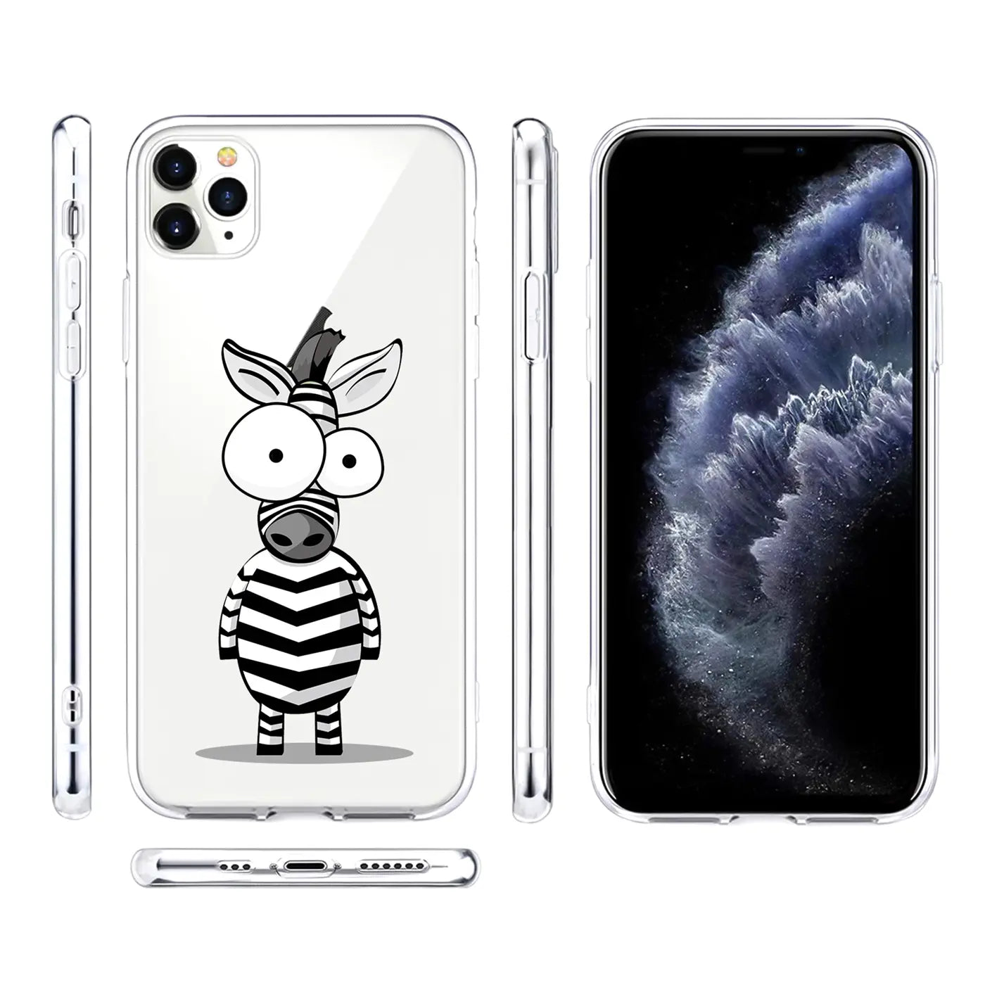 Transparente TPU-Hülle für iPhone 11 Pro mit Zebrabild. Rückseite, Vorderseite und Seitenansichten der Hülle.