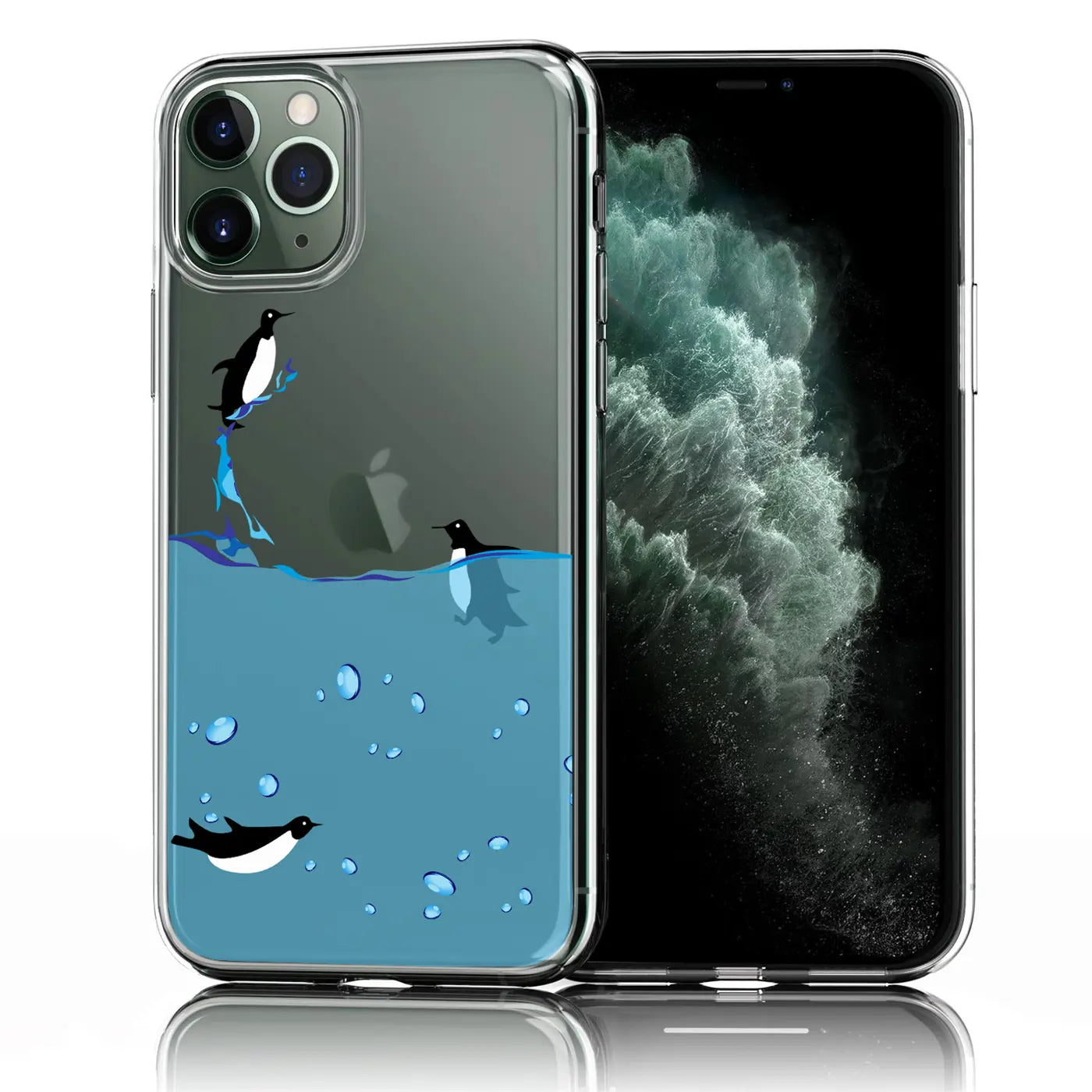 Transparente TPU-Hülle für iPhone 11 Pro Max, mit Pinguin-Motiv und blauem Wasser, schräg von vorne.