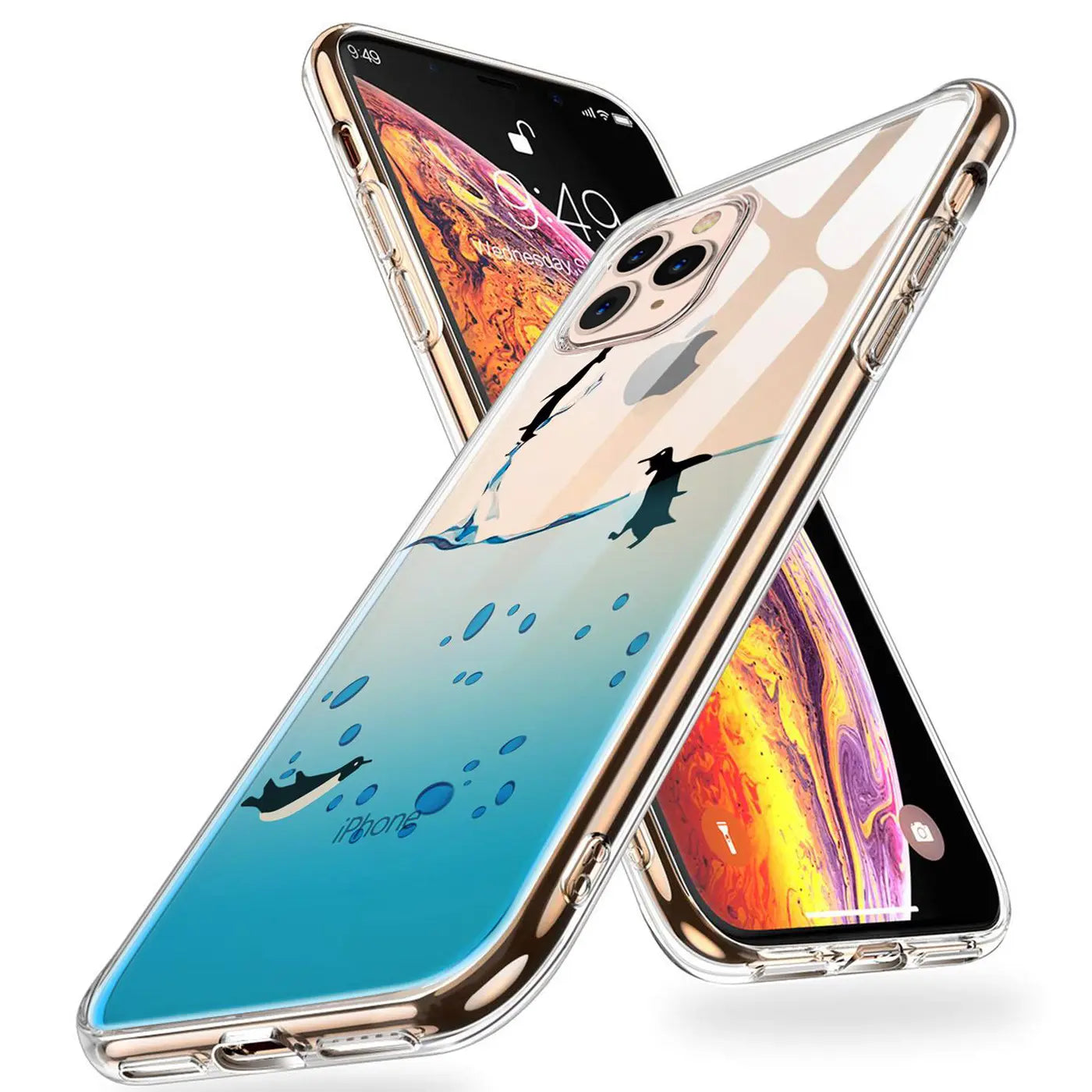 Transparente TPU-Hülle für iPhone 11 Pro mit blauem Motivdruck von Pinguinen und Möwen, schräg von oben.